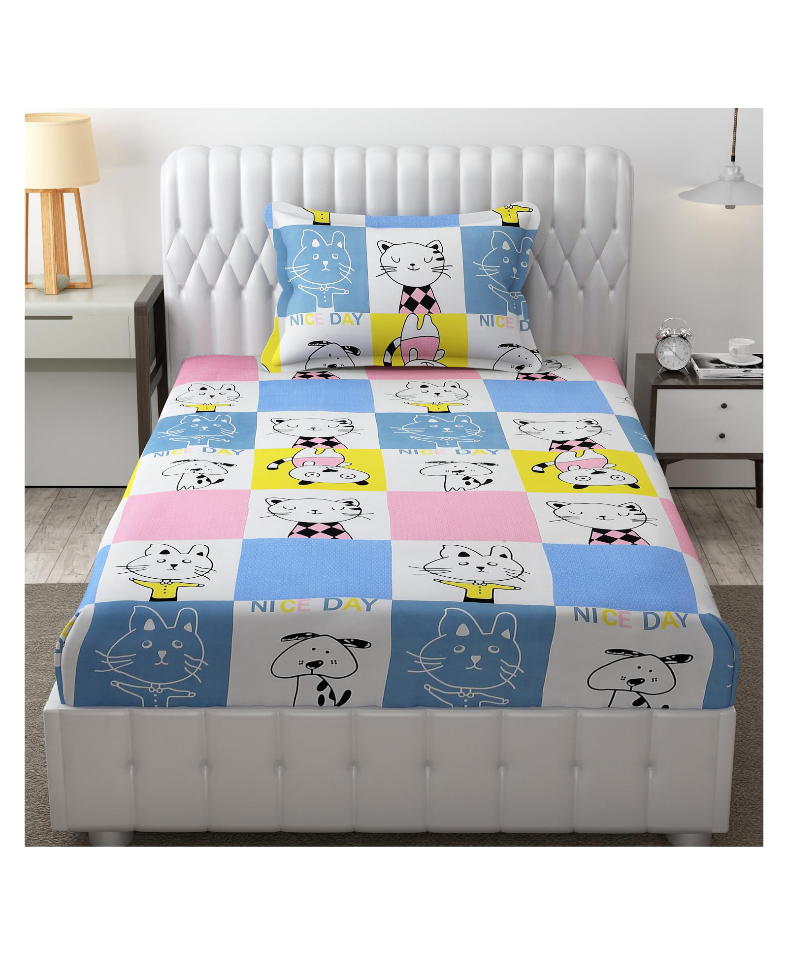 Filymore Cat Printed Single Bedsheet With 1 Pillow Cover-Cute Cat-image-31
