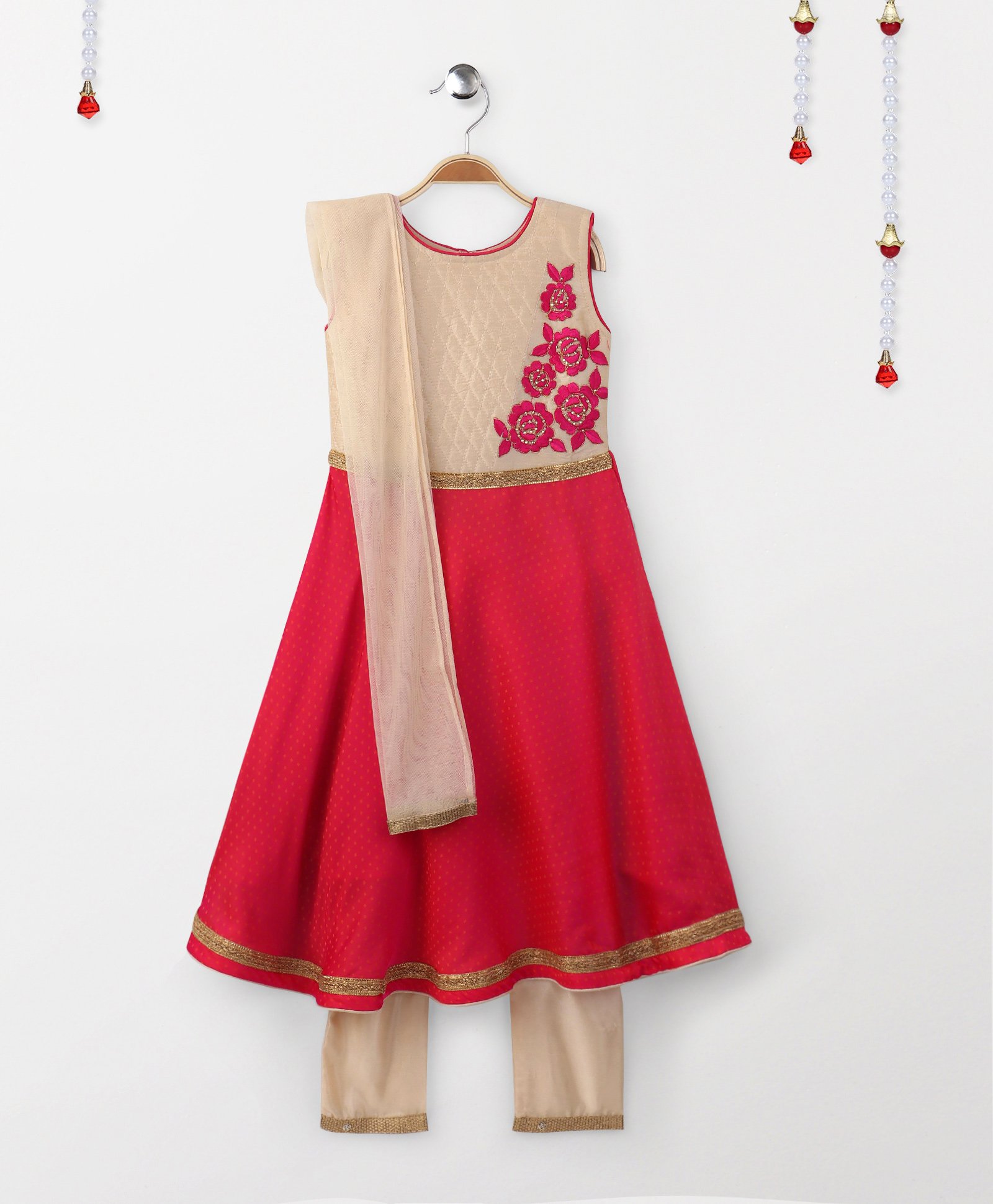Babyhug Sleeveless Floral Embroidered Kurti & Churidar Set - Pink Beige-image-46