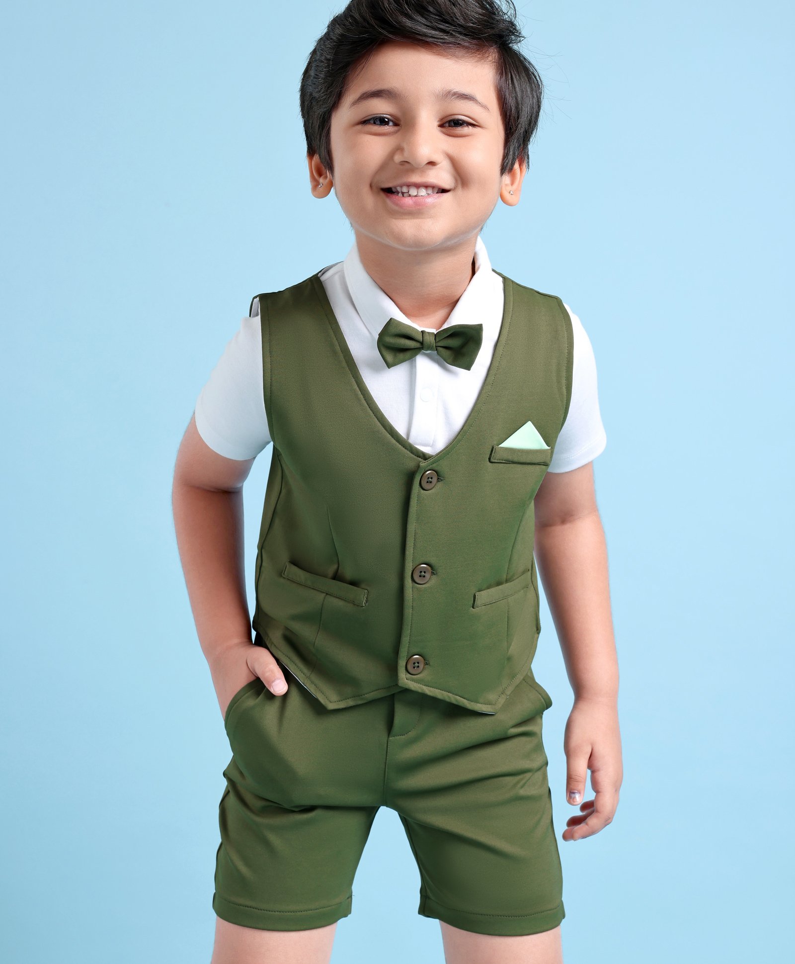 Mark & Mia Half Sleeves Solid Colour Party T-Shirt & Shorts with Waistcoat & Bow Detailing - White & Green-picture-24