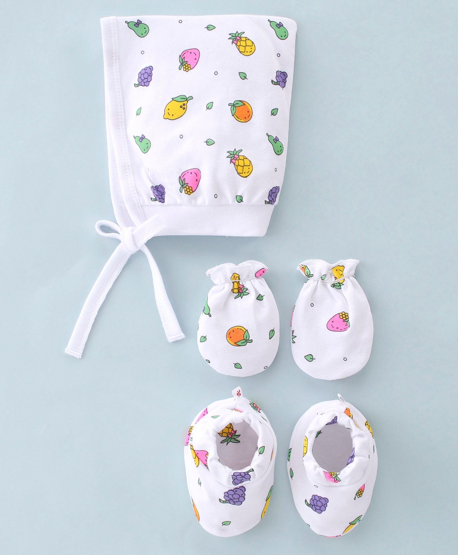 Child World Interlock Cotton Knit Cap Mittens & Booties Set Fruit Print White - Diameter 10 cm-picture-16