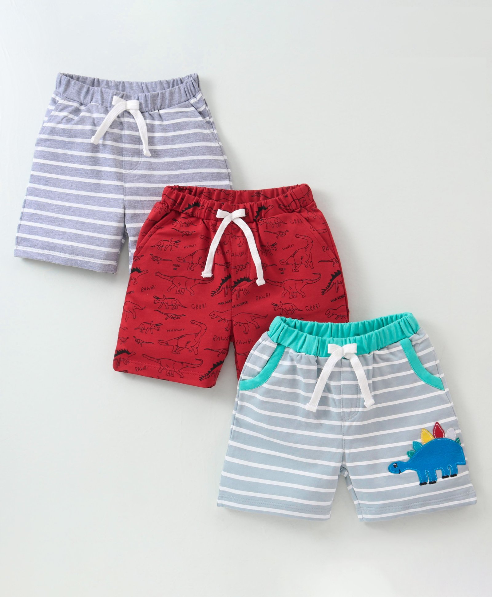 Kookie Kids Cotton Knit Shorts Stripes & Dino Print Pack of 3  - Multicolour-image-16
