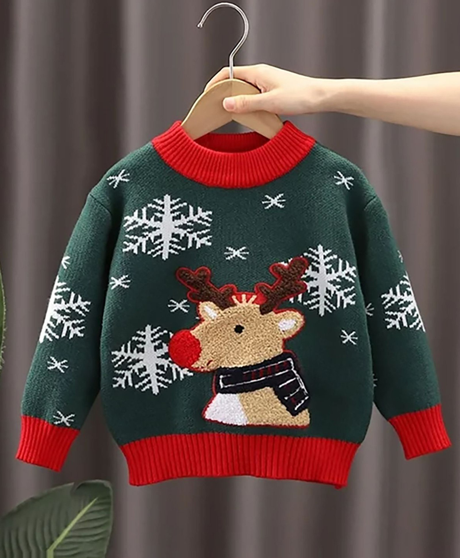 Little Surprise Box Full Sleeves Snowflakes & Reindeer Designed Cotton Sweater - Green-image-45