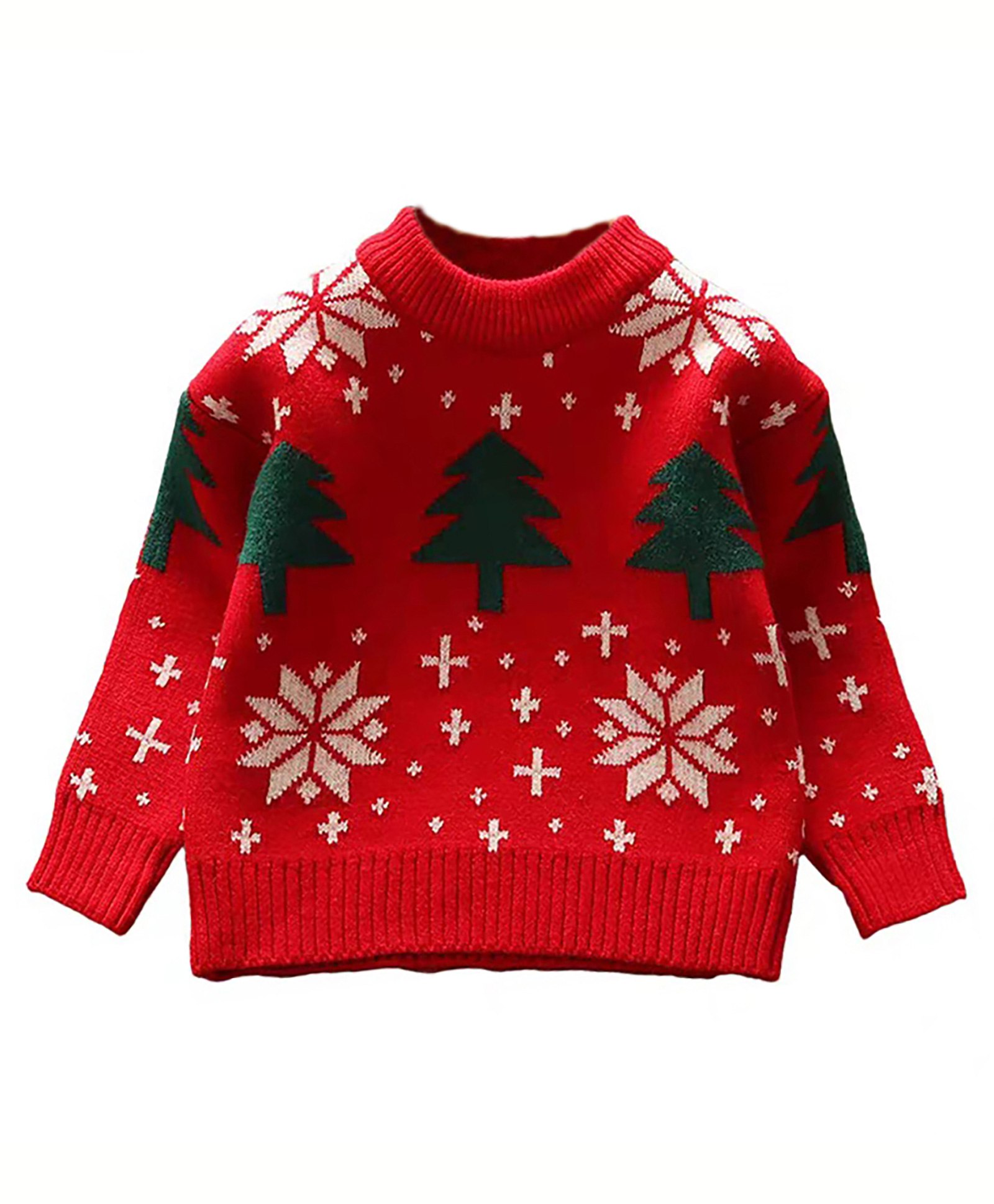 Little Surprise Box Full Sleeves Snowflakes & Christmas Tree Designed Cotton Sweater - Red-image-46