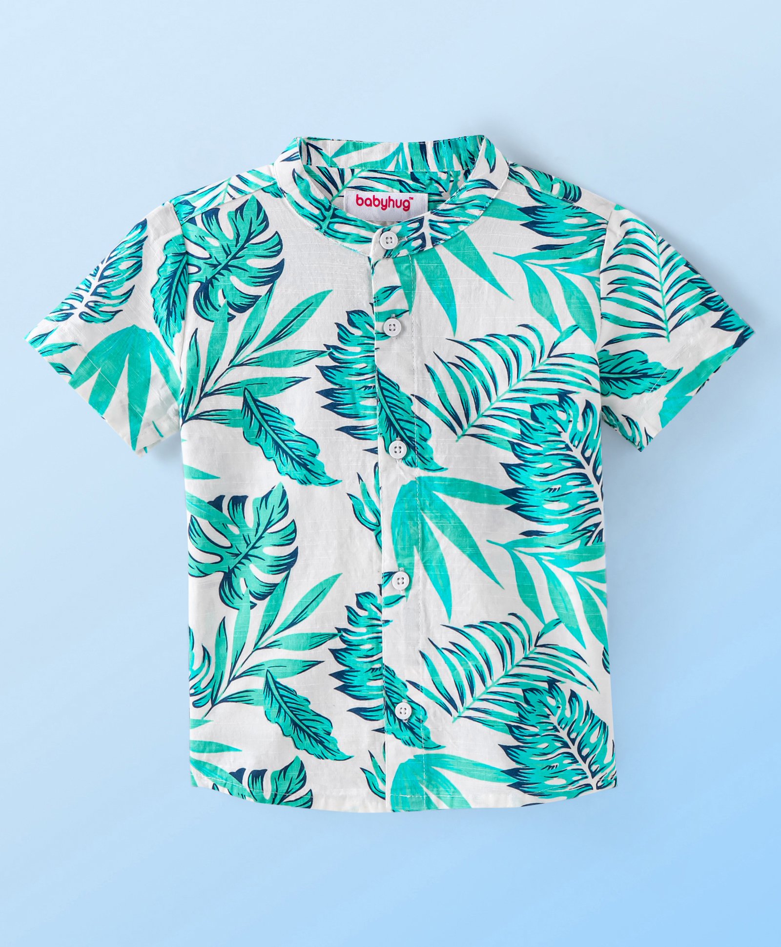 Babyhug 100% Cotton Woven Half Sleeves Mandarin Collar Leafy Printed Shirt- White-picture-28