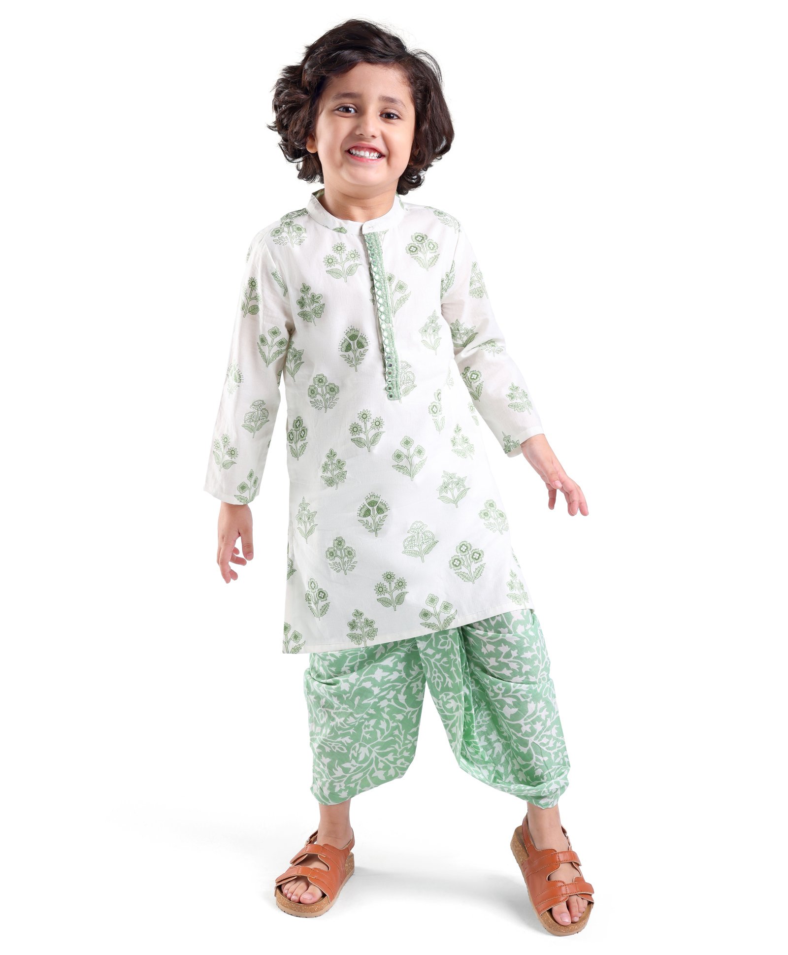Babyhug  Cotton Woven Full Sleeves Floral Printed  Kurta Dhoti Set- White-image-18