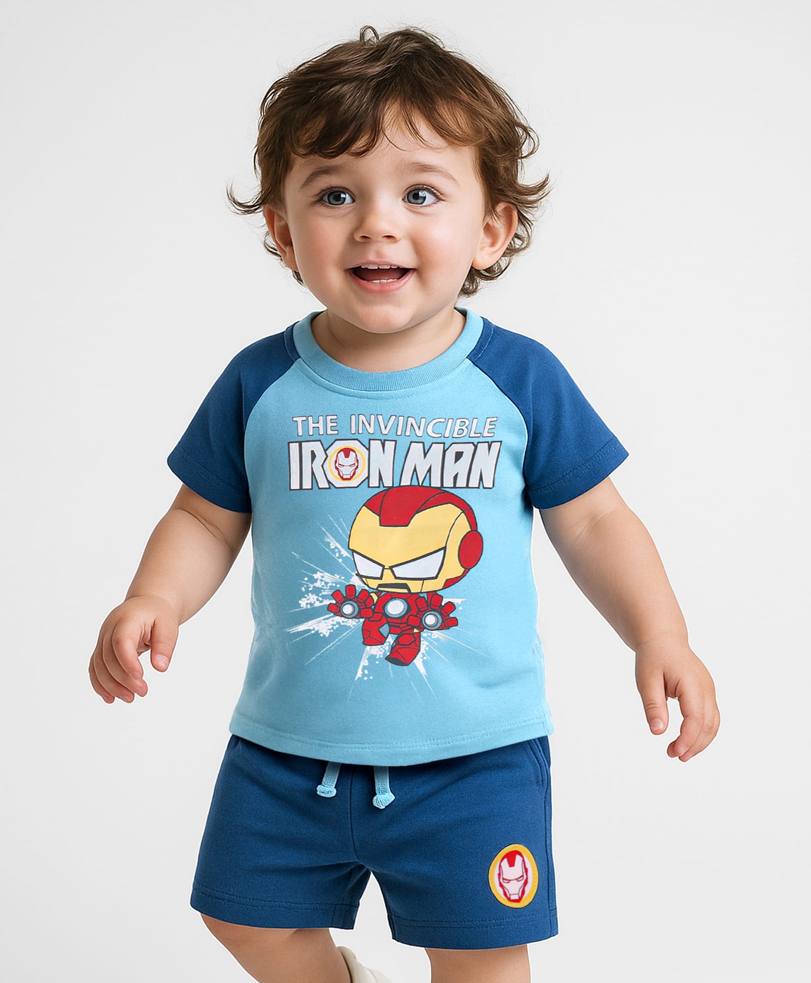 Babyhug Marvel 100% Cotton Single Jersey Knit Raglan Sleeves T-Shirt and Shorts Iron Man Graphics - Blue-picture-16