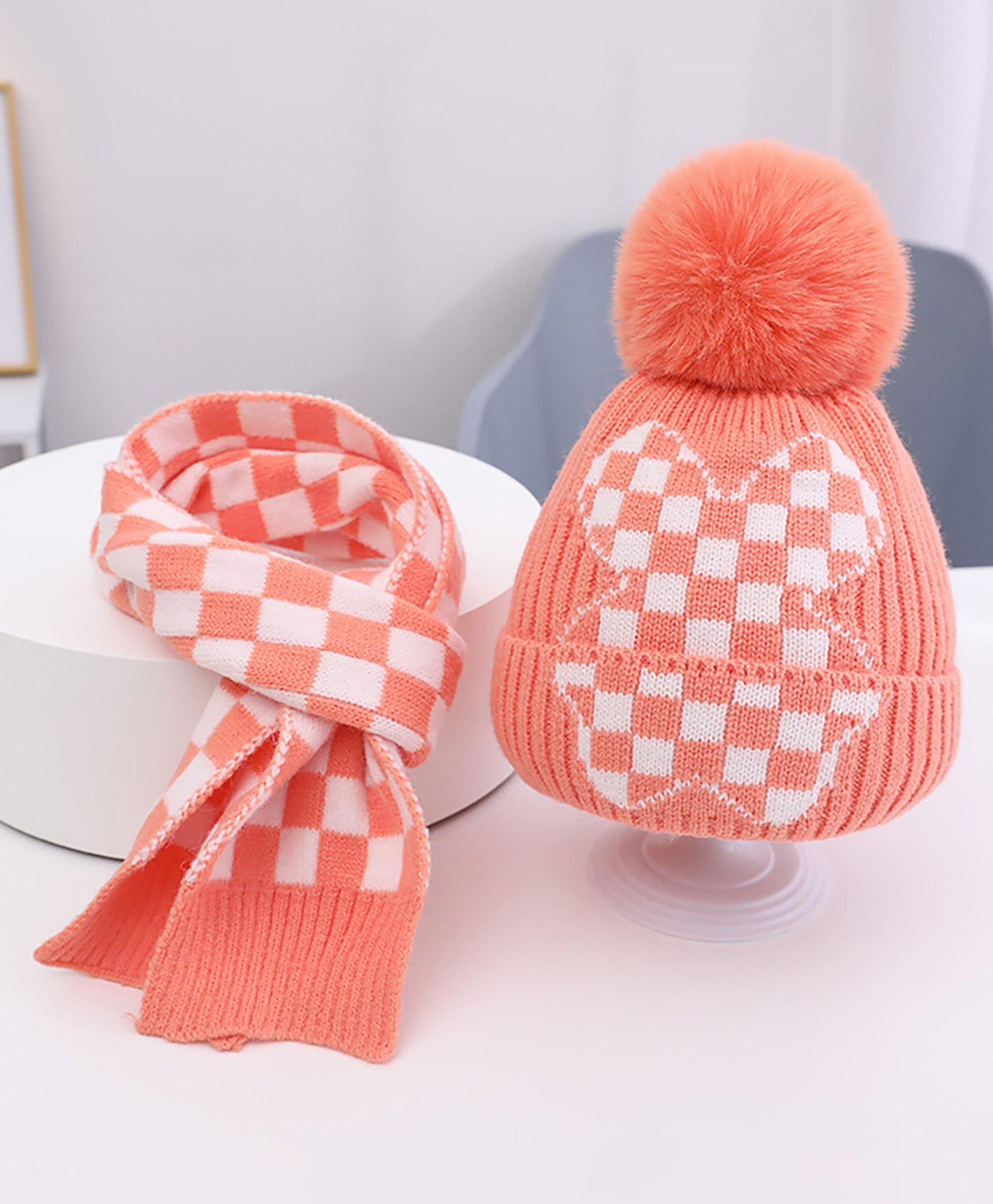 Little Surprise Box Cotton Checkered Winter Beanie & Neck Muffler Set -Peach-image-14