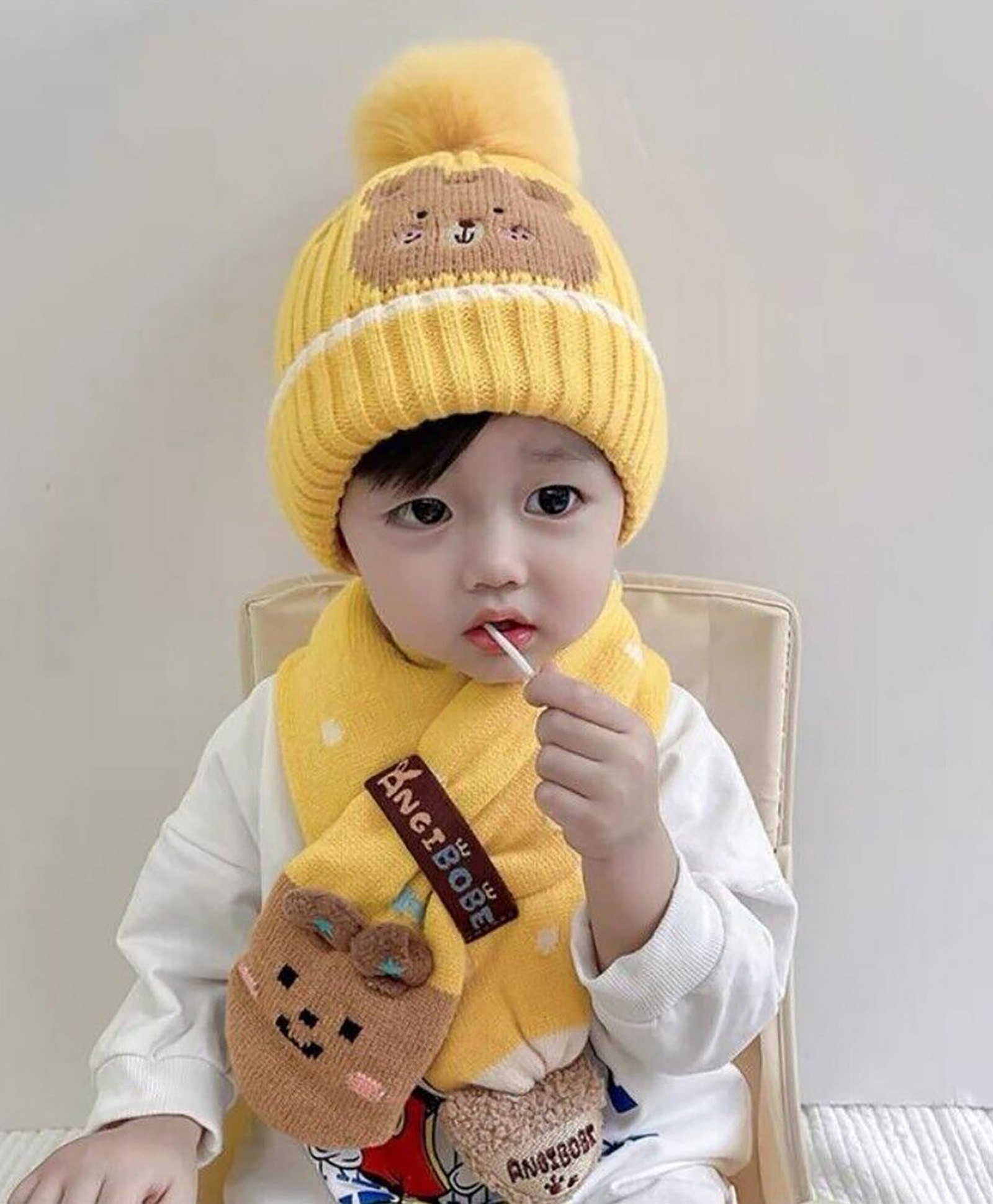 Little Surprise Box Teddy Bear Designed Cotton Winter Beanie & Neck Muffler Set-Yellow-image-26
