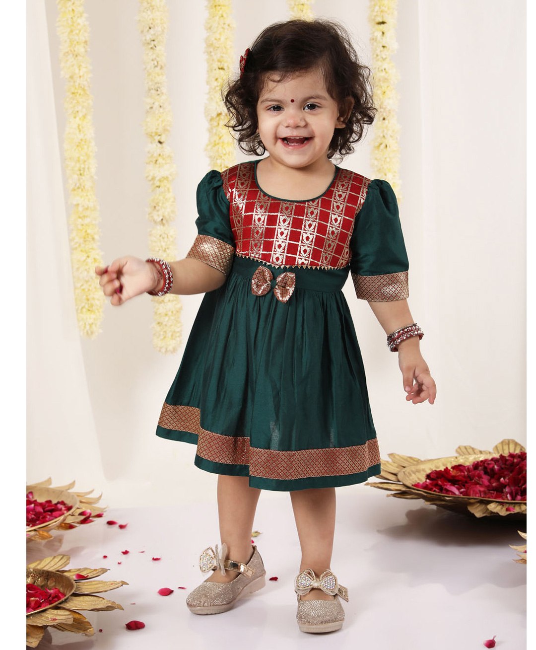 VASTRAMAY SISHU Half Sleeves Floral Woven Design & Lace Embellished Ethnic Dress - Green And Maroon-picture-36
