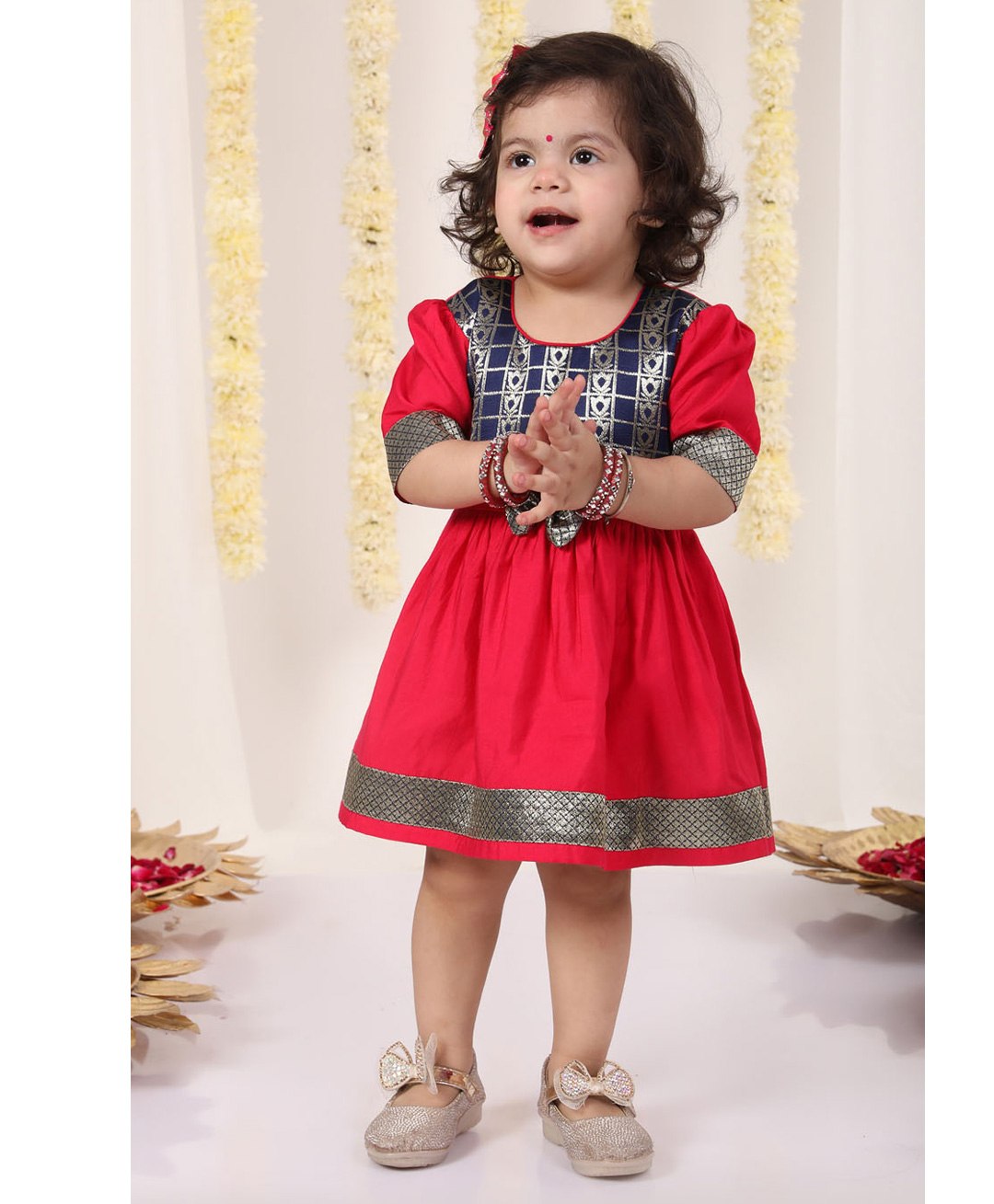 VASTRAMAY SISHU Half Sleeves Floral Woven Design & Lace Embellished Ethnic Dress - Red And Navy Blue-image-9