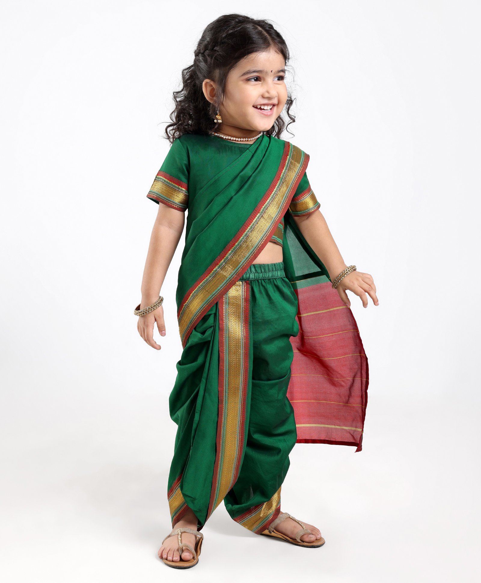 Babyhug Half Sleeves Blouse And Zari Bordered Nauvari Saree - Green-image-6