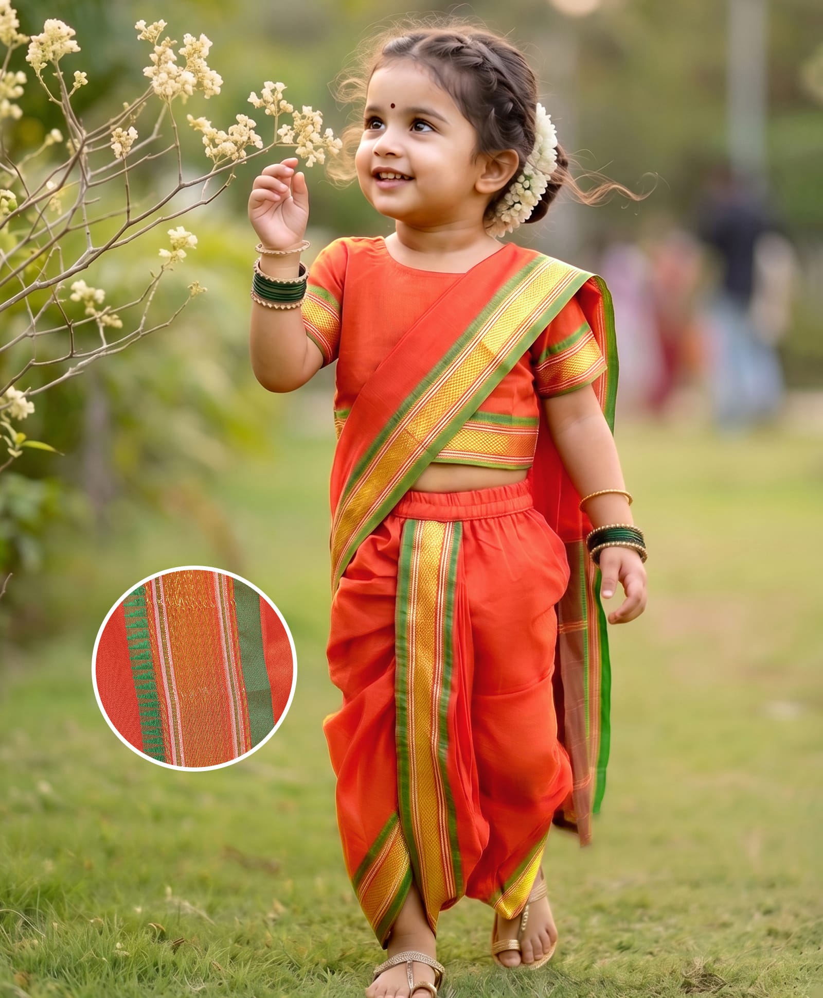 Babyhug Half Sleeves Blouse And Zari Bordered Nauvari Saree - Orange-image-37