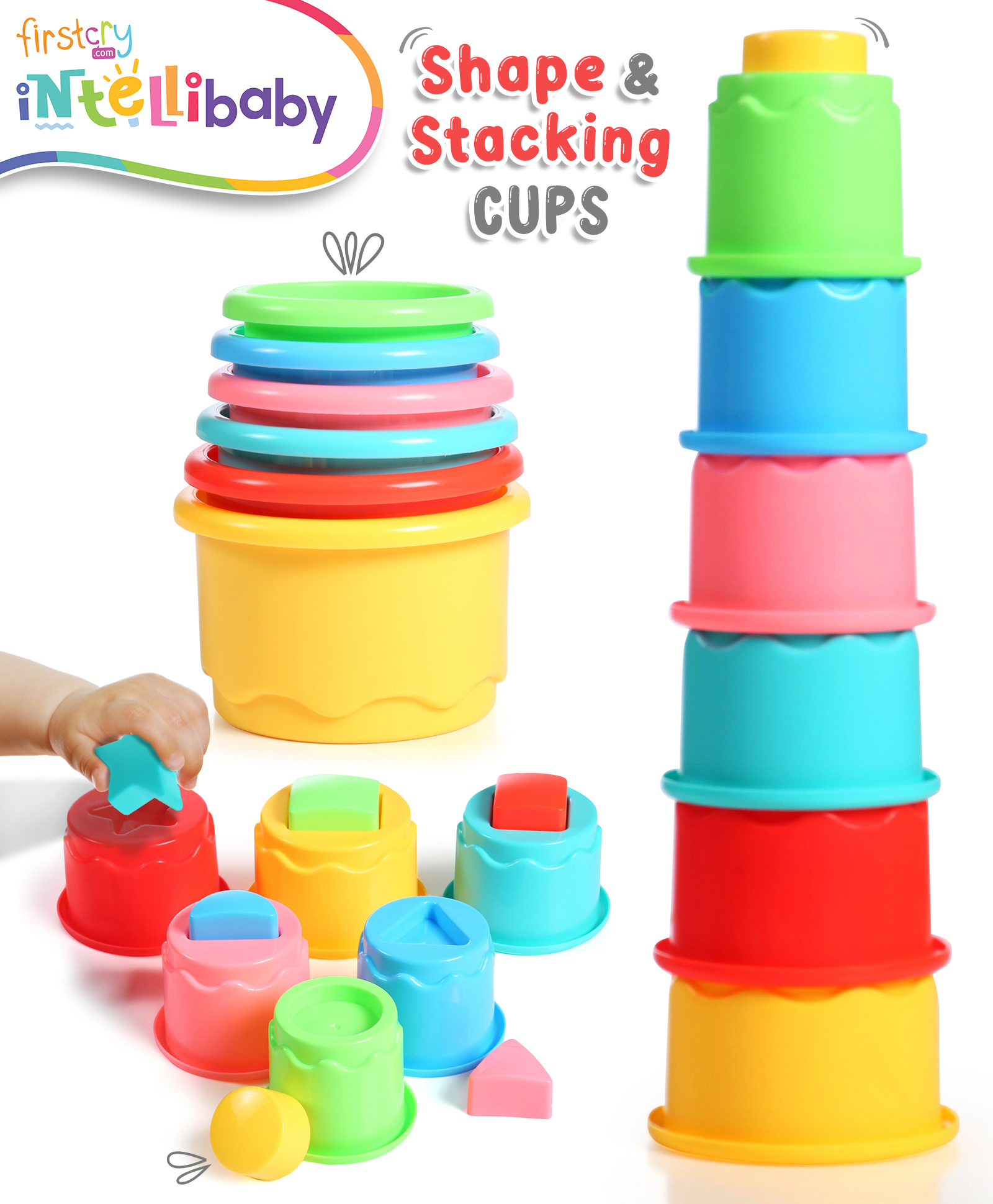 Intellibaby 3-in-1 Shape & Stacking Cups for Sorting & Nesting Water Play|Hand-Eye Coordination & Cognitive Play|European Safety & BIS Certified |12 Pieces
