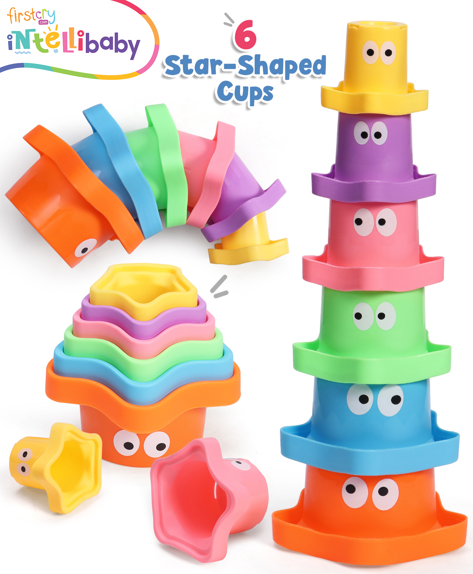 Intellibaby 5-in-1 Multicoloured Star Shaped Monster Stacking Cups | Bath Time & Outdoor Sorting & Nesting Water Play | European Safety & BIS Certified