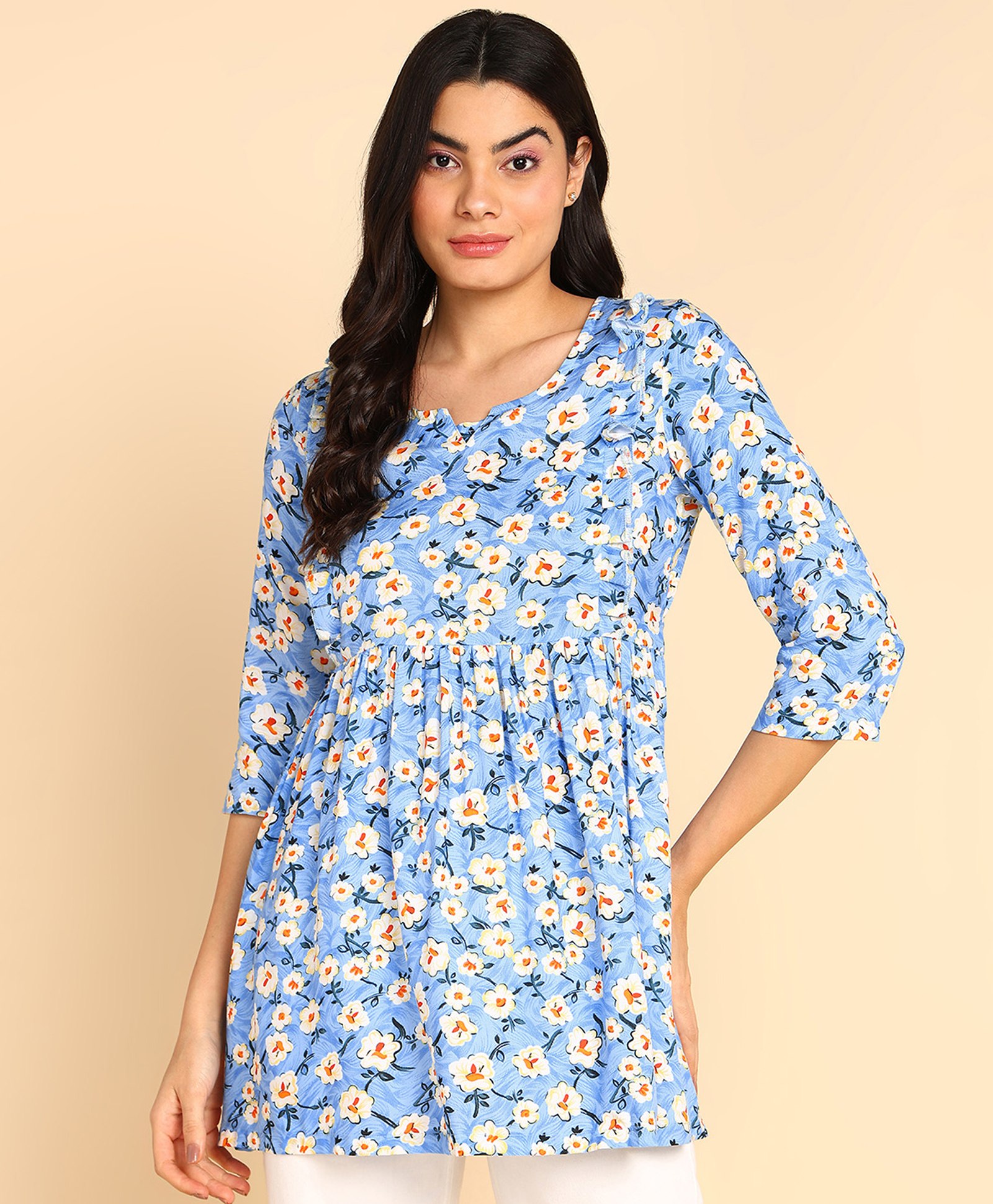 Zelena Three Fourth Sleeves Floral Printed Maternity Top With Pocket & Concealed Zipper Nursing Access - Aqua Blue-picture-24