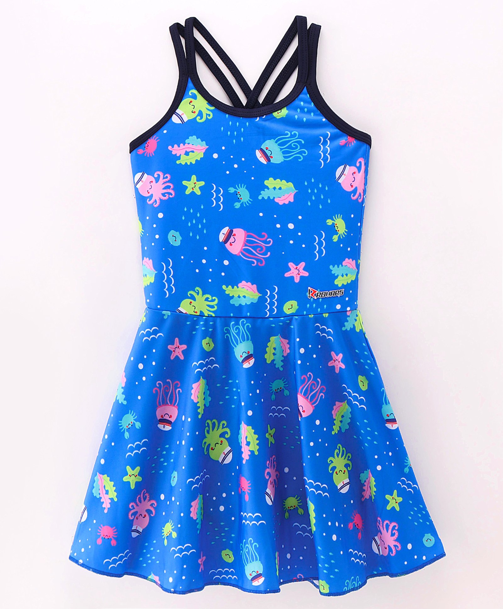 ROVARS Lycra Sleeveless Star Fish Print Frock Style Swimsuit - Blue-picture-35