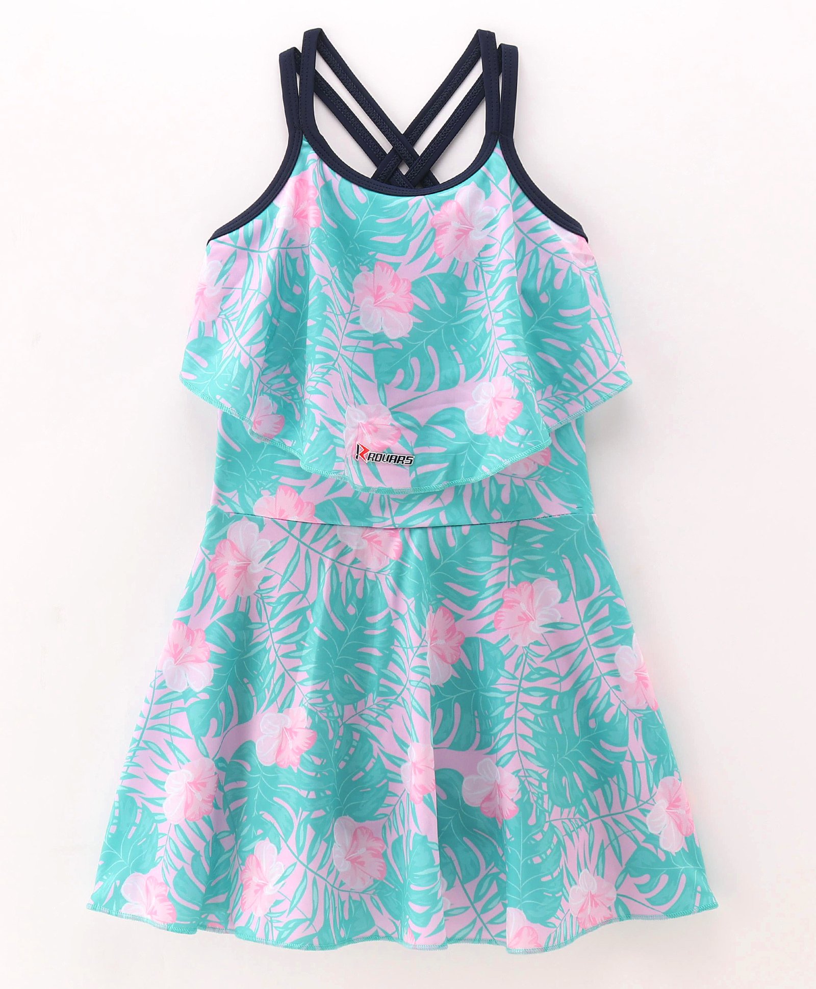 ROVARS Lycra Sleeveless Floral Printed Frock Style Swimsuit - Pink & Blue-image-19