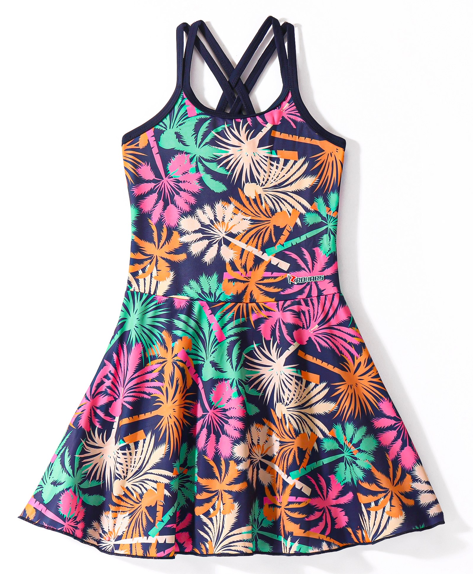 ROVARS Lycra Sleeveless Palm Trees Printed Frock Style Swimsuit - Multicolour-image-43