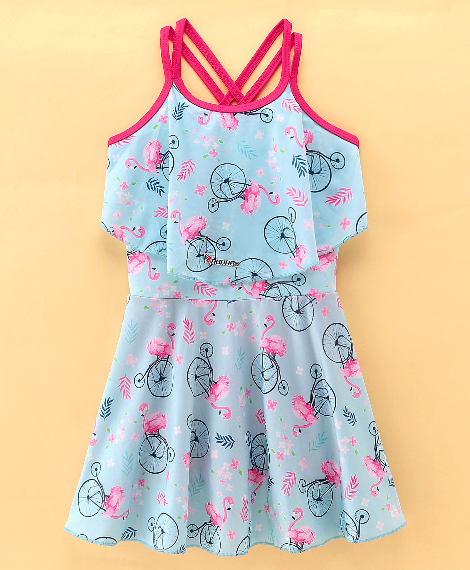 ROVARS Lycra Sleeveless Flamingo Print Frock Style Swimsuit - Pink-picture-47