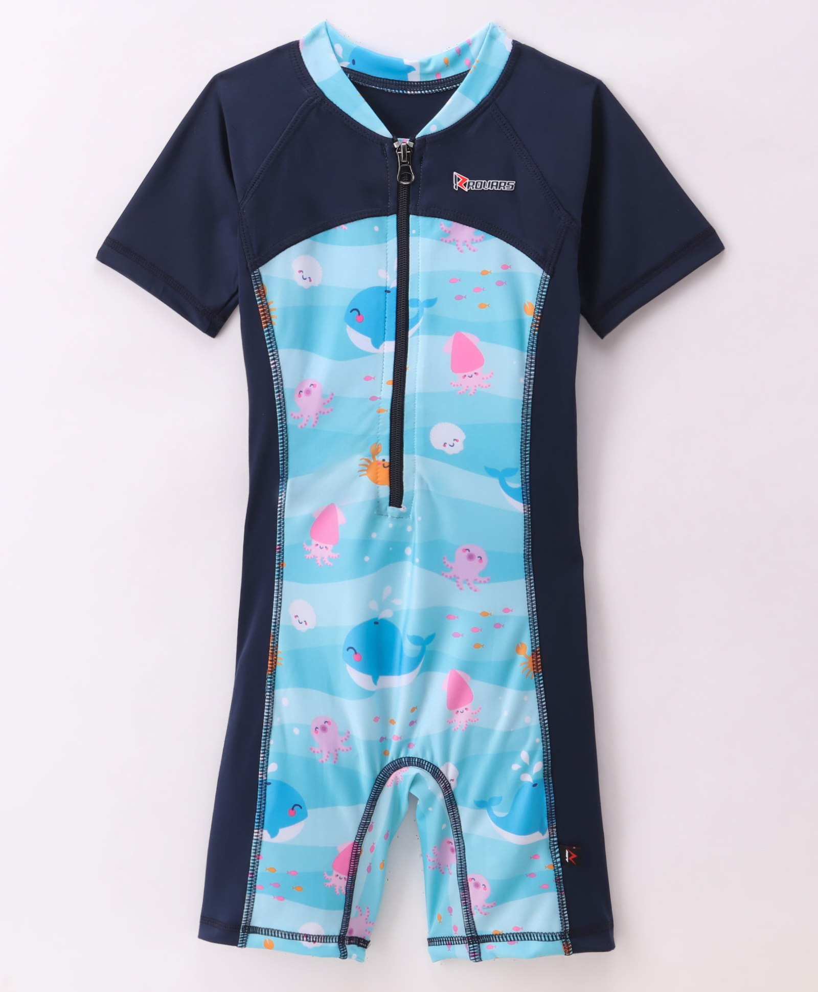 ROVARS Lycra Half Sleeves Fish Print Legged Swimsuit - Blue-image-20