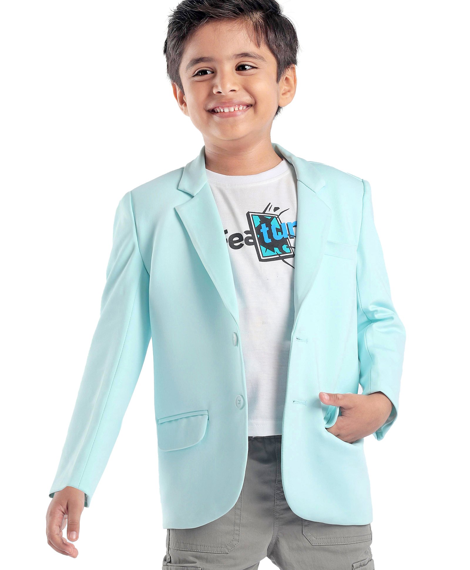Babyhug Full Sleeves Party Wear Blazer with Graphic Printed T-Shirt - Mint Blue-image-25