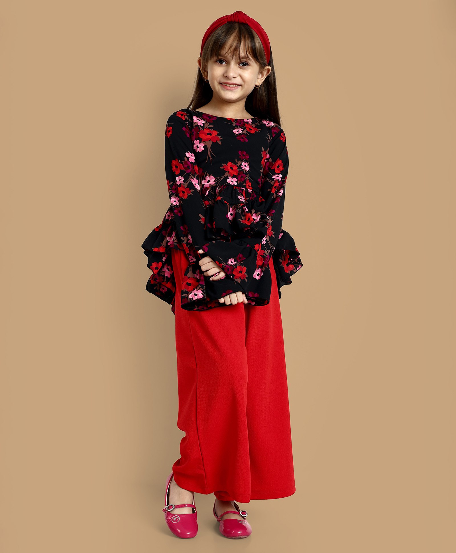 Little Marine Full Bell Sleeves Floral Printed High Low Top With Solid Palazzo - Black-picture-20