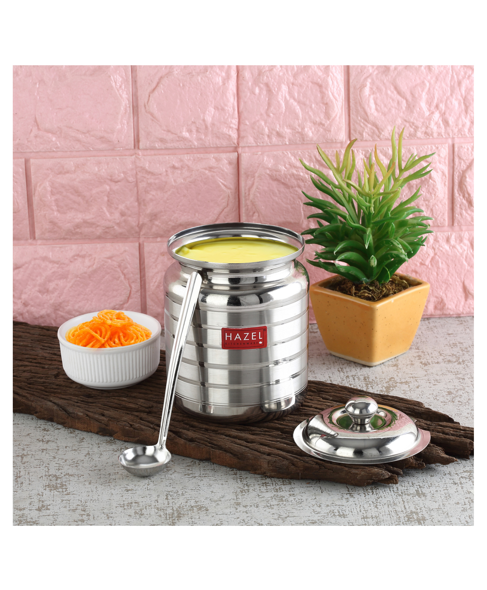 HAZEL Stainless Steel Ghee Pot with Spoon | Oil Containers for Kitchen with Lid, 450 ml-image-2