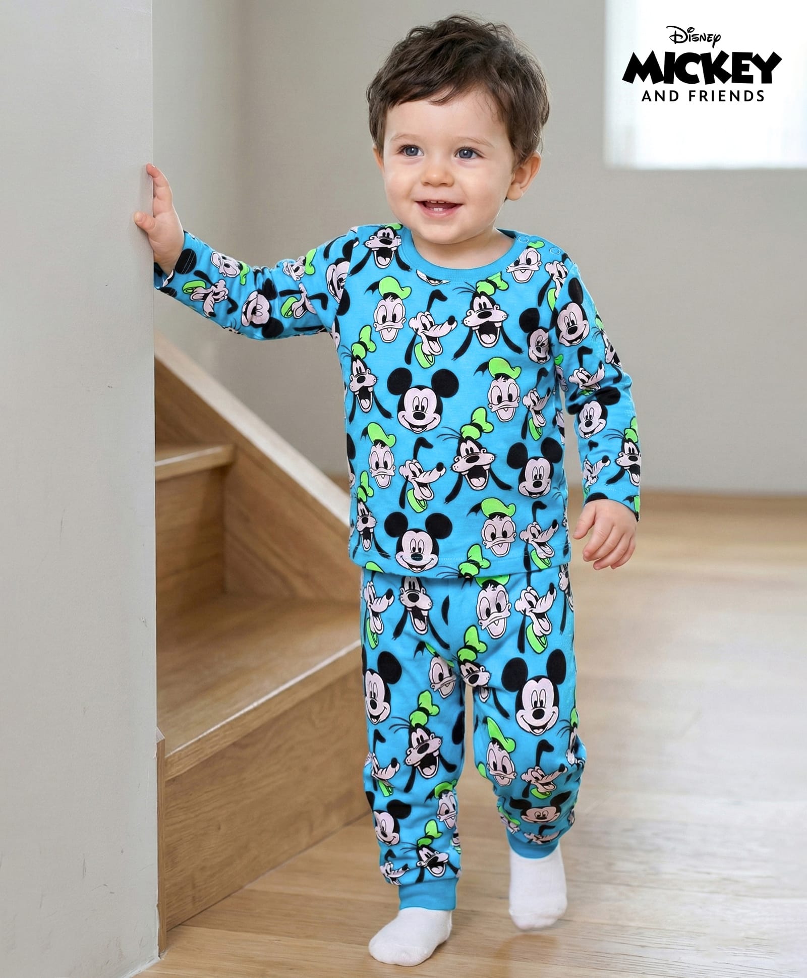 Babyhug Disney Cotton Knit Full Sleeves Night Suit Mickey Mouse Print - Blue-image-29