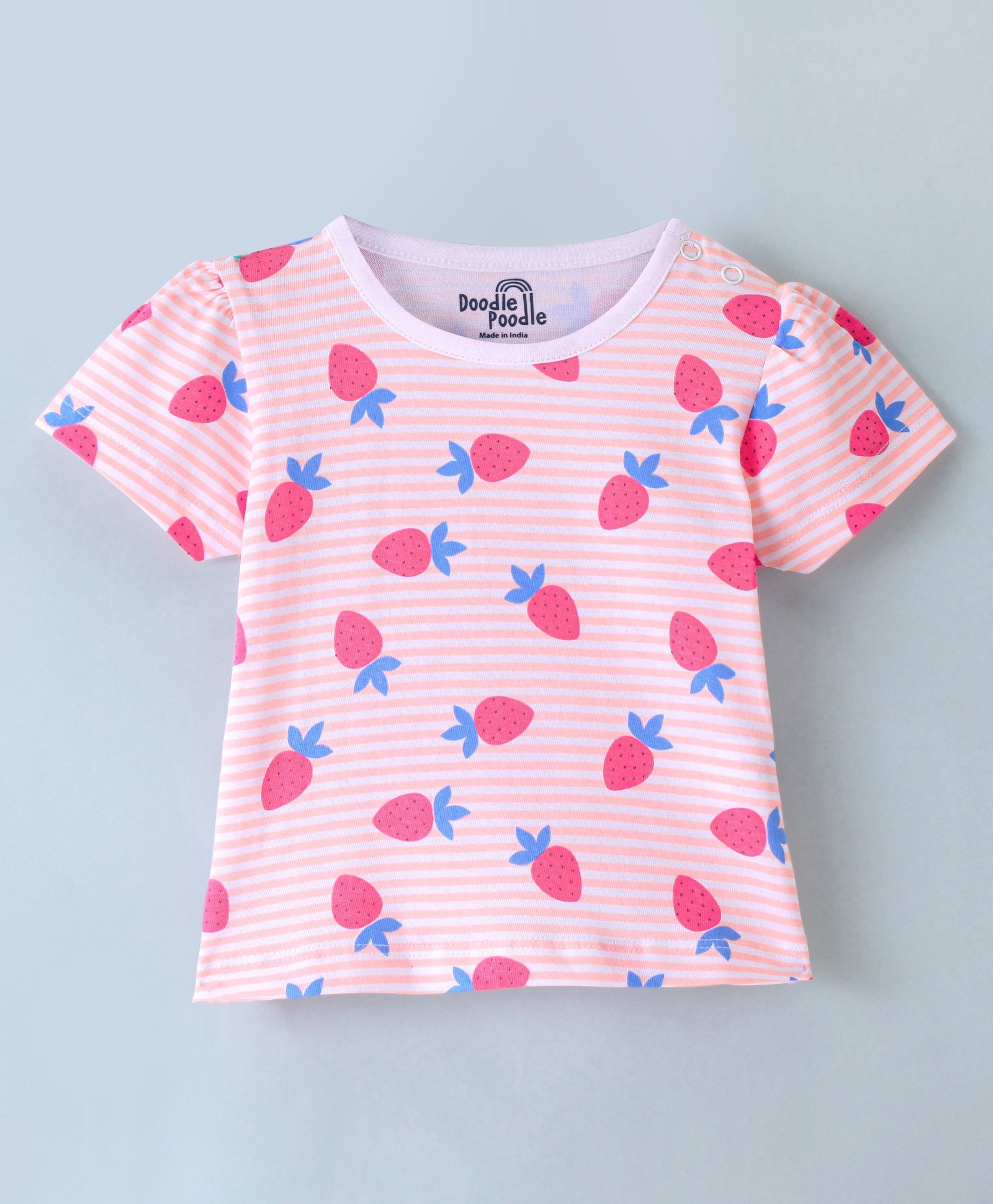Doodle Poodle 100% Cotton Half Sleeves Striped T-Shirt with Strawberry Print - White & Pink-picture-34