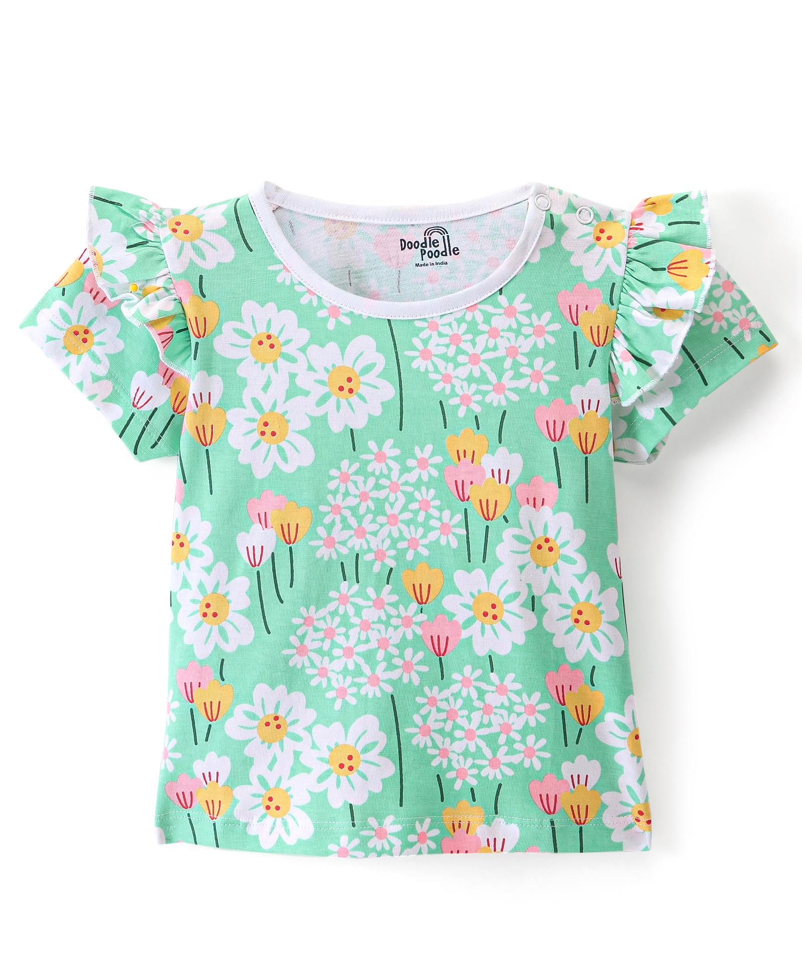 Doodle Poodle 100% Cotton Knit Half Sleeves T-Shirt with Frill Detailing Floral Print - Biscay Green-image-0