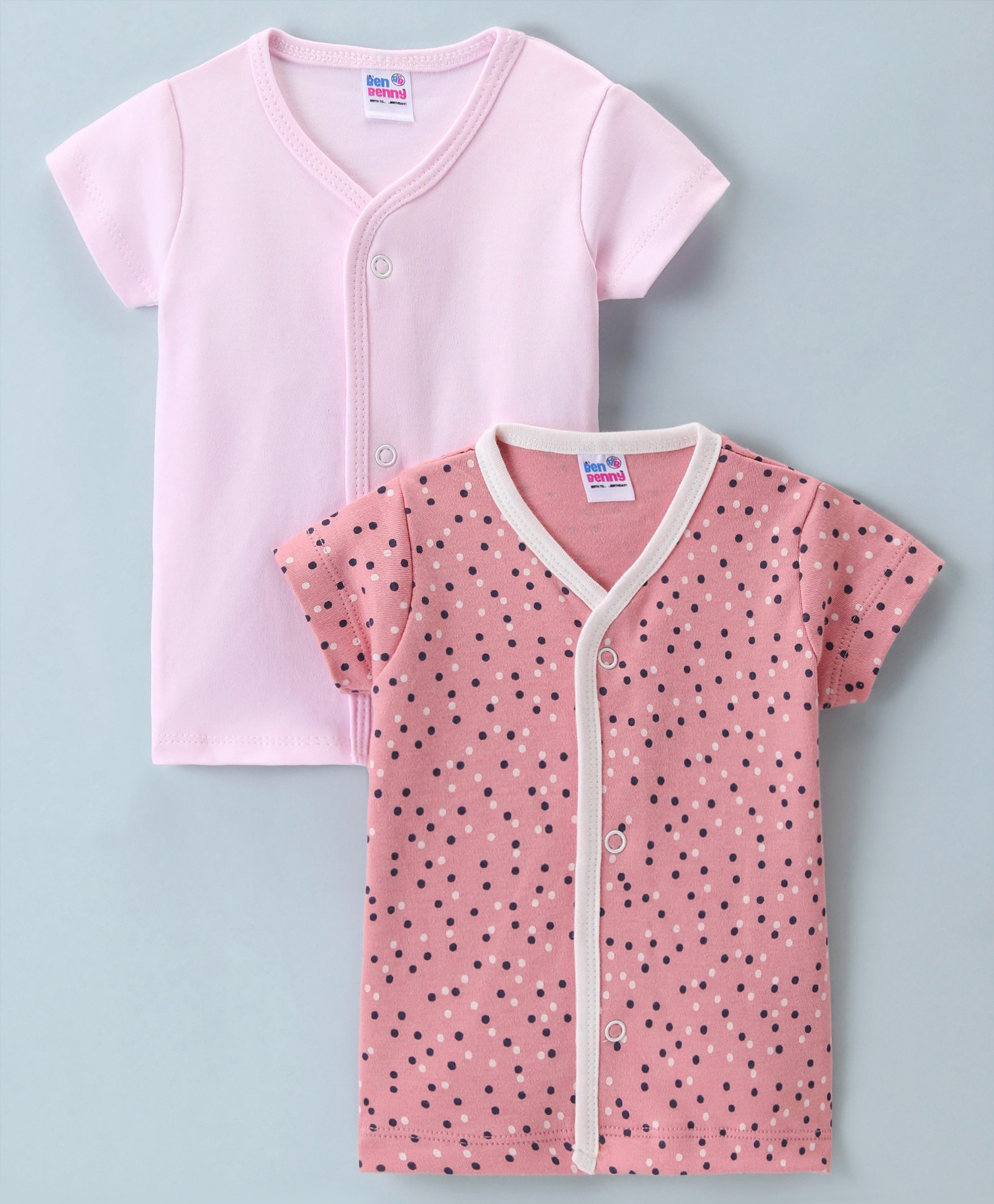 Ben Benny Interlock 100% Cotton Knit Half Sleeves Set Of Vests Solid & Polka Dot Print Pack of 2 - Light & Dark Pink-picture-25