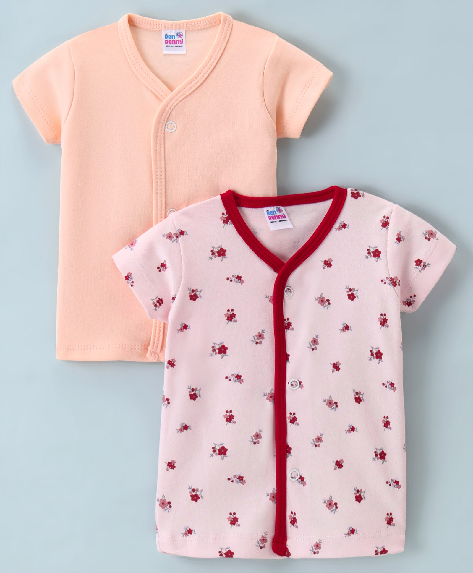 Ben Benny Interlock 100% Cotton Knit Half Sleeves Set Of Vests Solid & Floral Print Pack of 2- Peach & Purple-picture-23