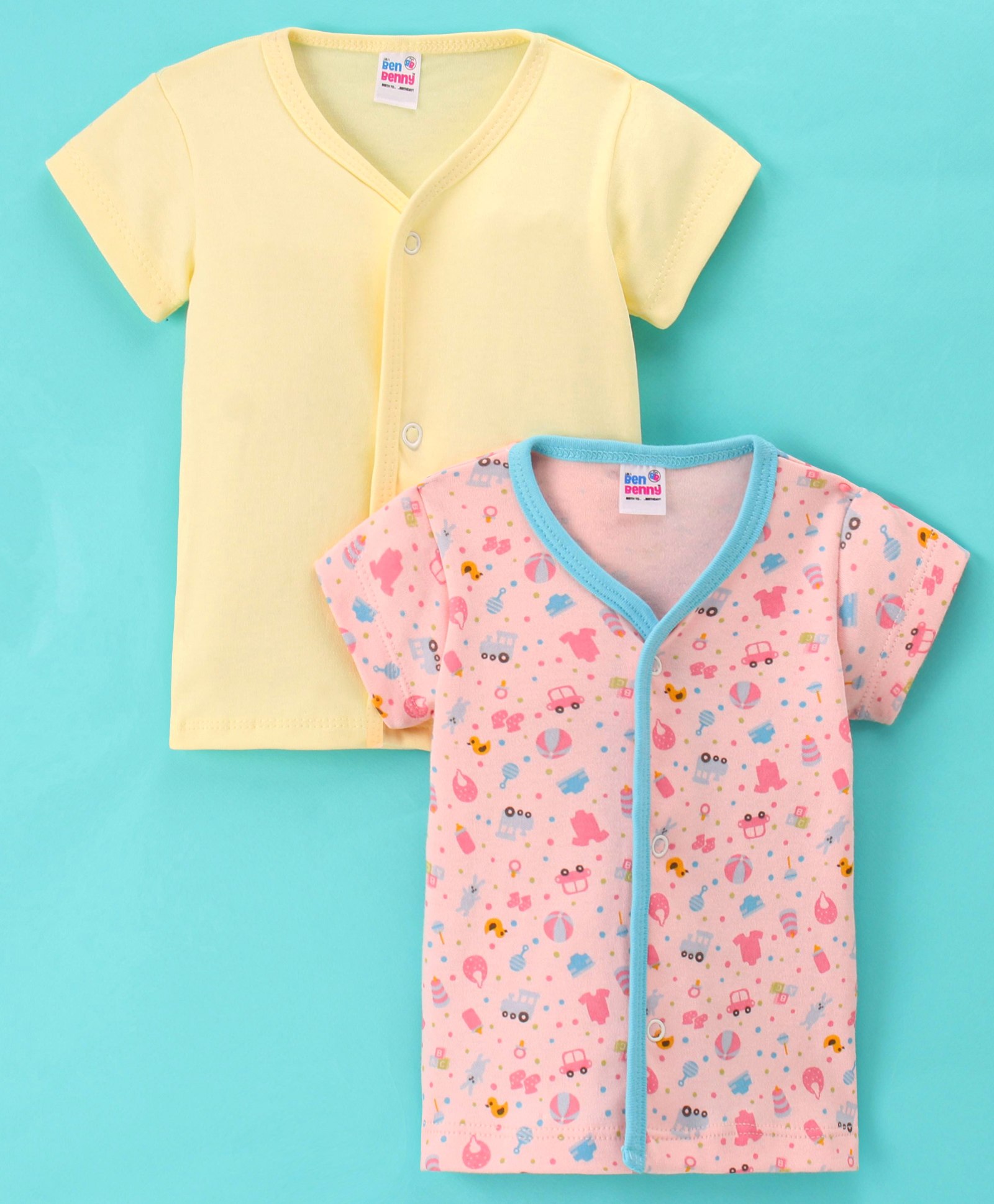 Ben Benny Interlock 100% Cotton Knit Half Sleeves  Set Of Vests Solid & Car Print Pack of 2- Yellow & Pink-picture-24