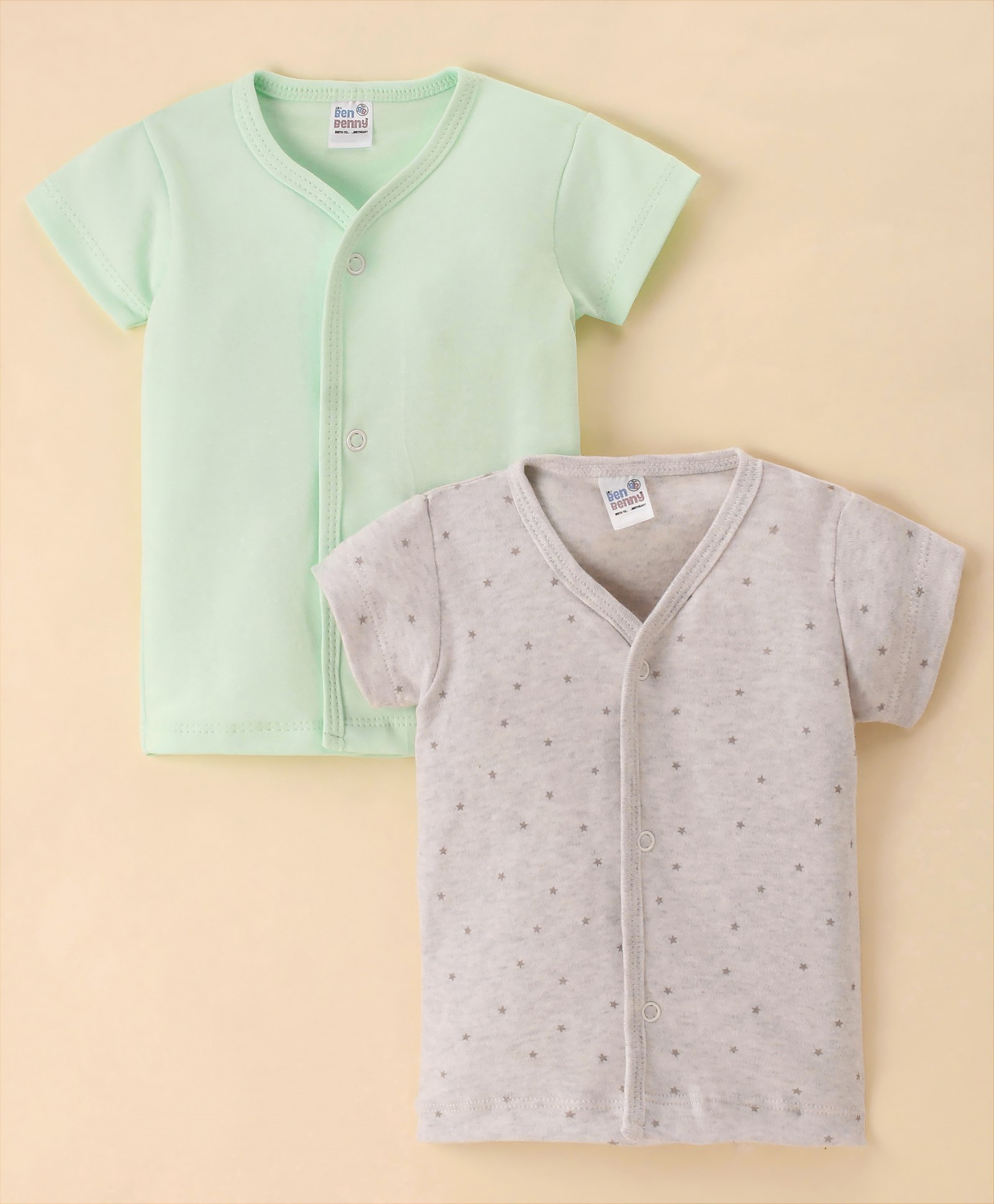 Ben Benny Interlock 100%  Cotton Knit Set Of Vests Half Sleeves  Solid & Star Print  Pack of 2- Green & Grey-picture-22