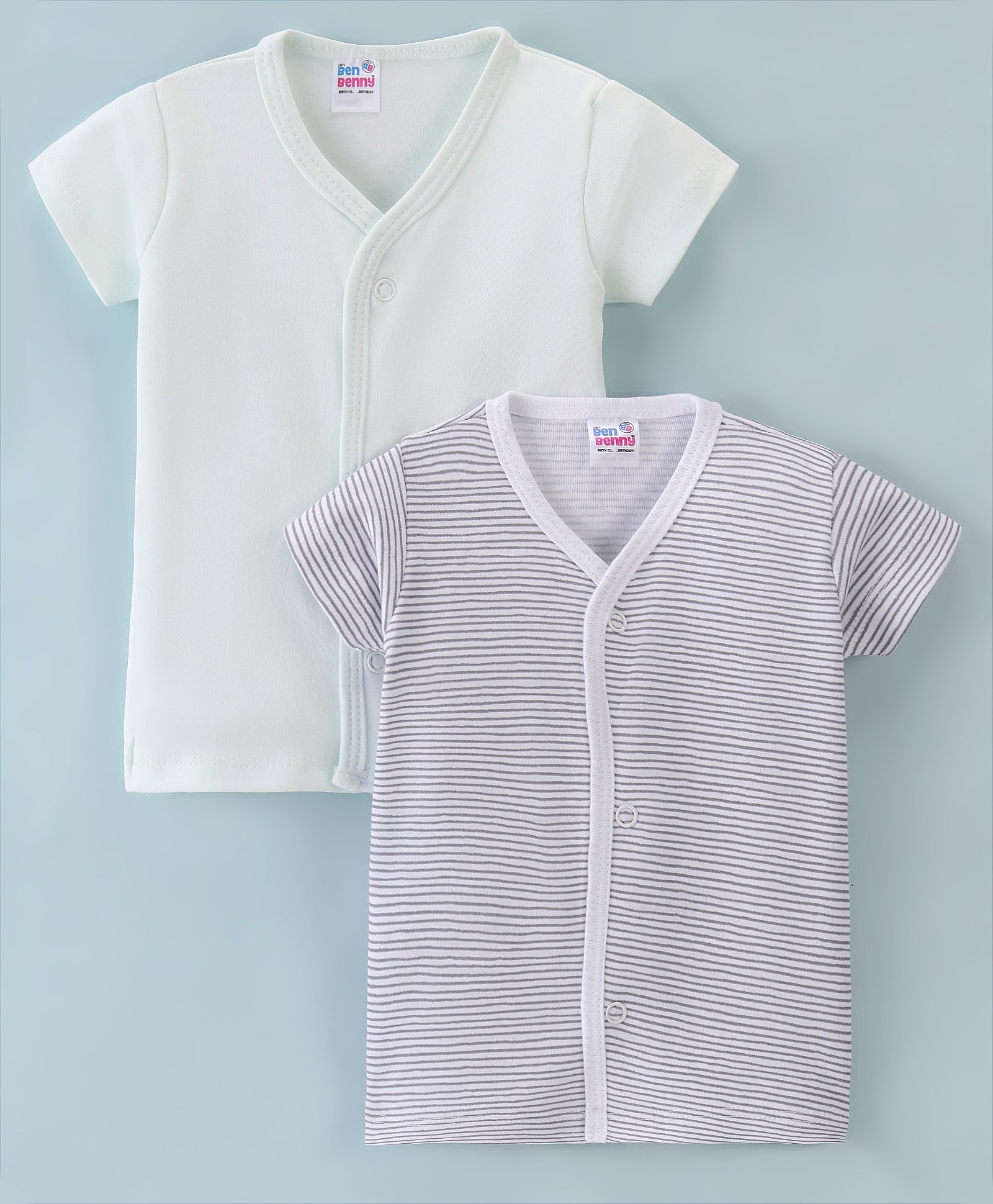 Ben Benny Interlock 100% Cotton Knit Half Sleeves Set Of Vests Solid & Striped Print Pack of 2- Multicolour-image-13
