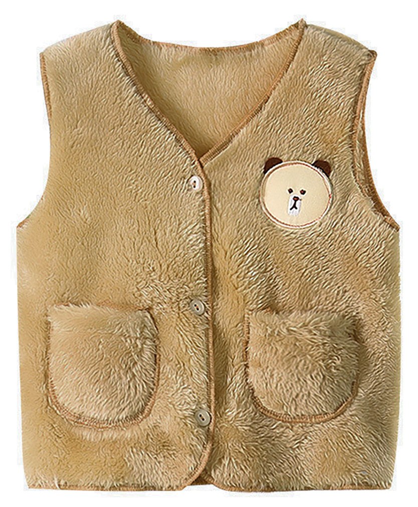 MOMISY Sleeveless Teddy Face Detailed Fur Vest - Khaki Brown-image-31