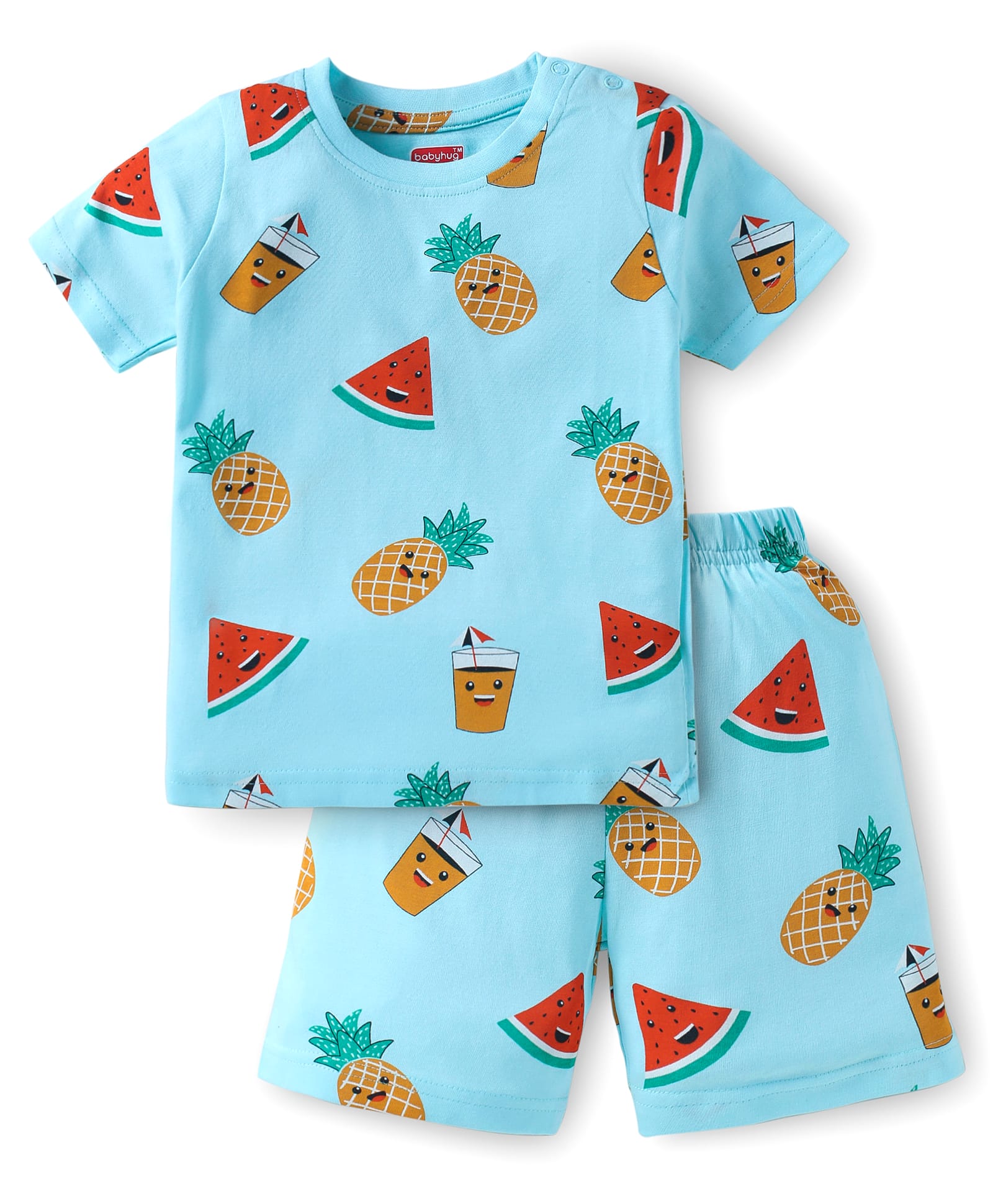 Babyhug Single Jersey Cotton Knit Half Sleeves Fruity Print Night Suit - Blue-picture-29