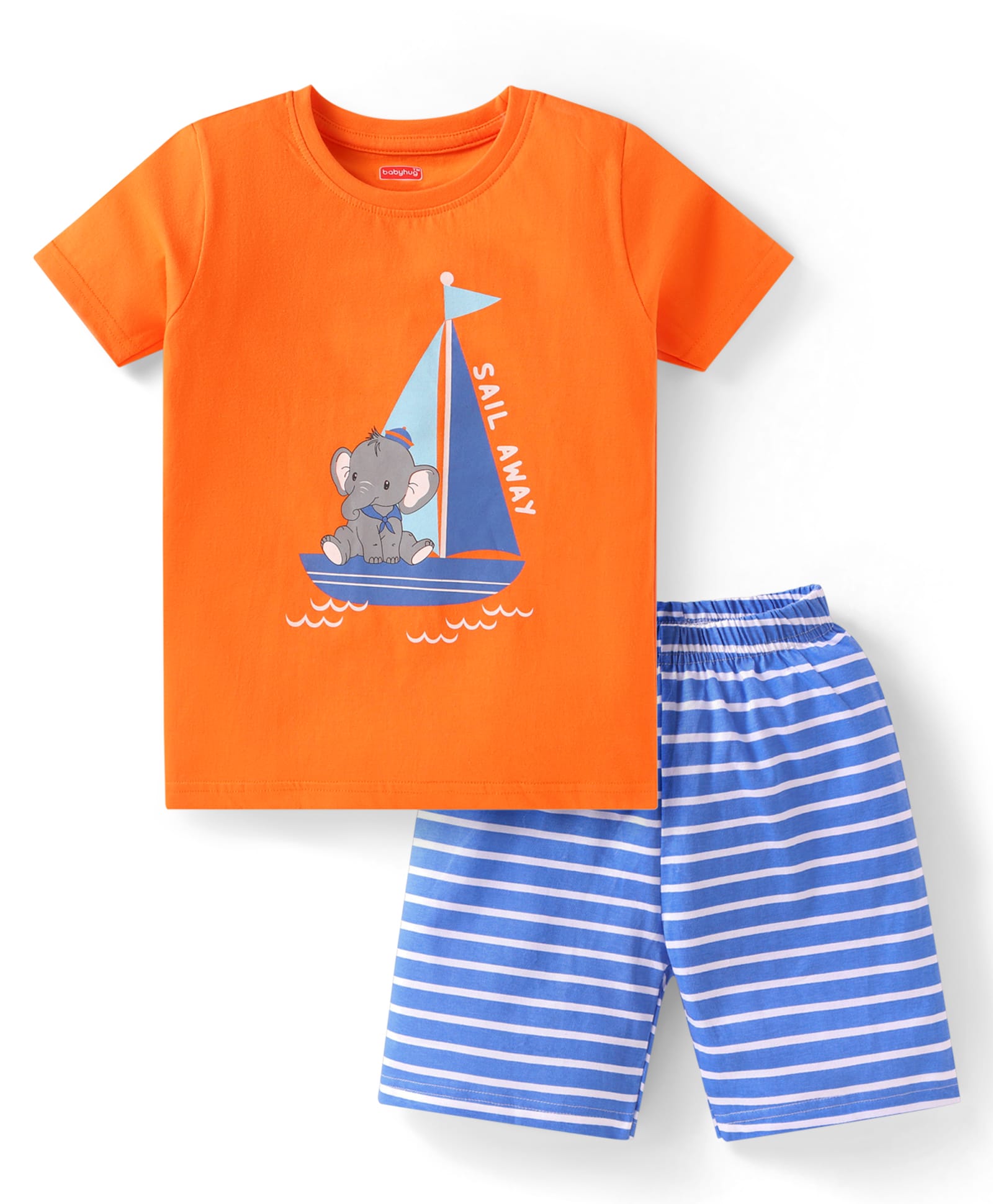 Babyhug Cotton Single Jersey Knit Half Sleeves Night Suit Elephant Print - Orange & Blue-image-16