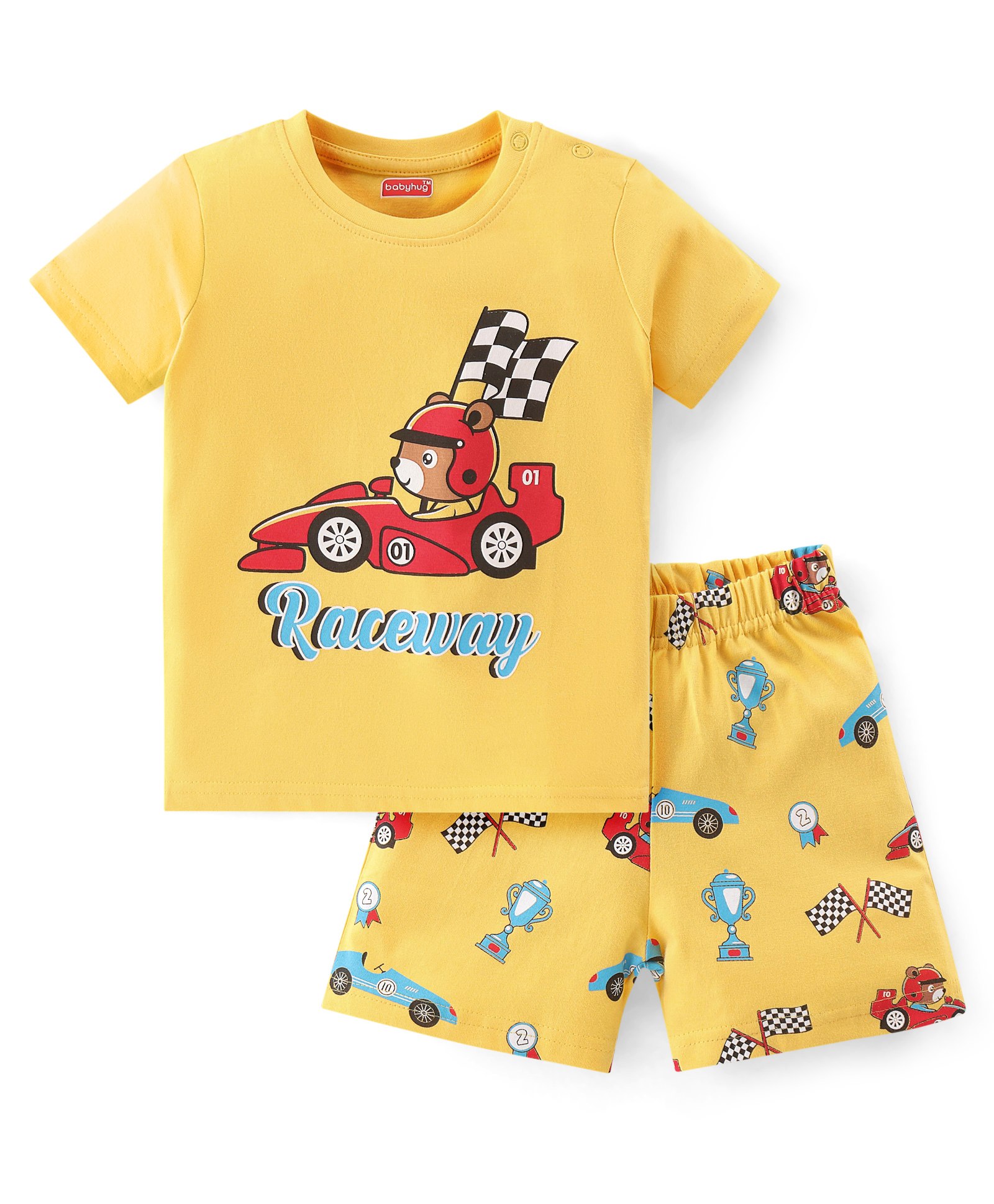 Babyhug Single Jersey Cotton Knit Half Sleeves Night Suit Bear Print- Yellow-picture-21