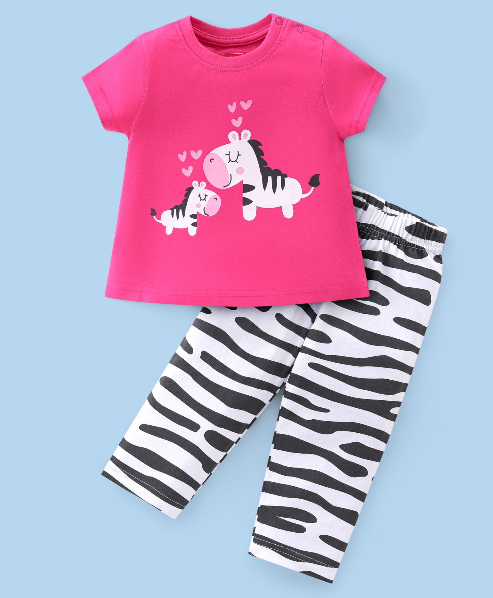 Babyhug Single Jersey Cotton Knit Half Sleeves Zebra Print Night Suit - Pink-picture-22