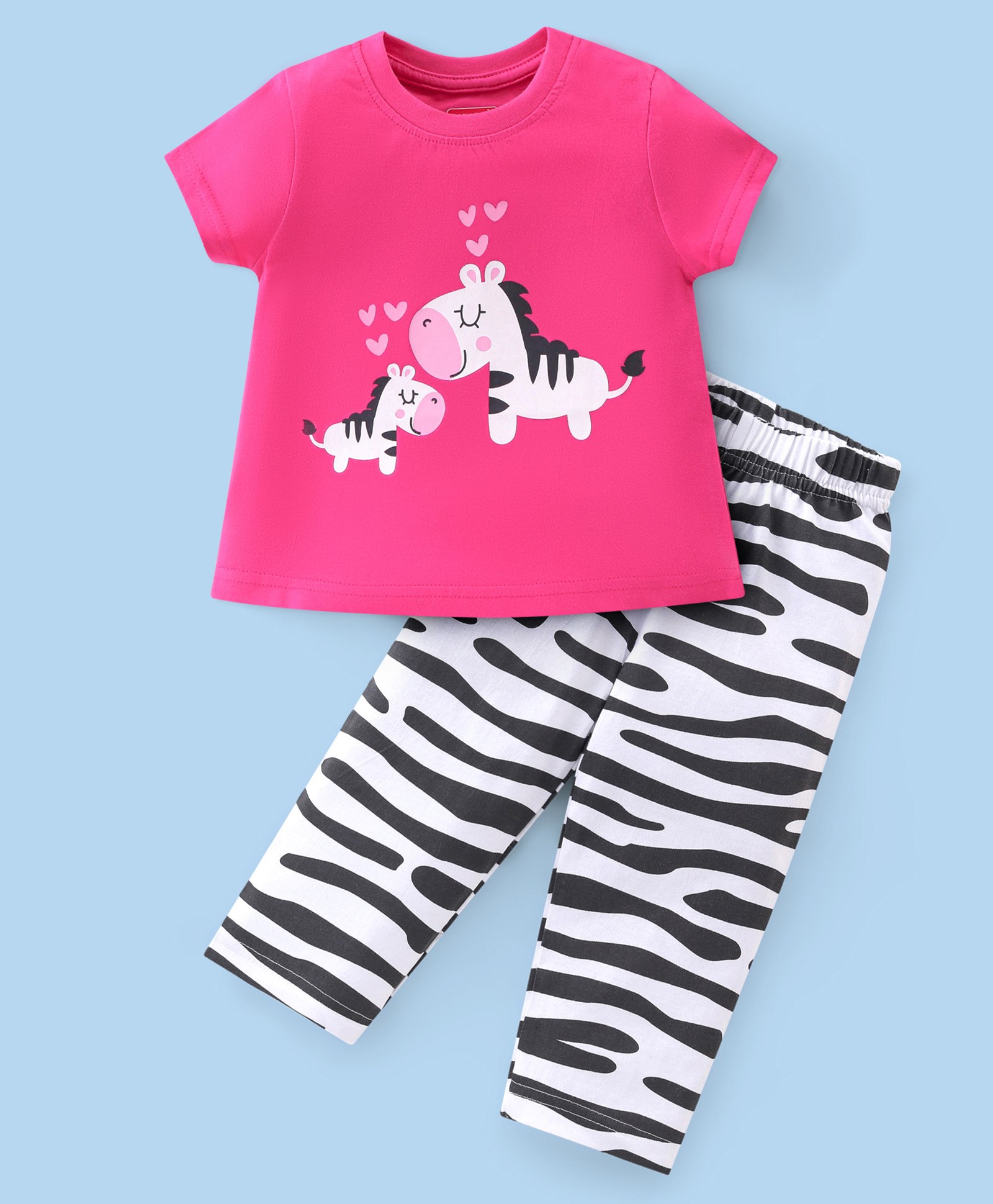 Babyhug Single Jersey Cotton Knit Half Sleeves Zebra Print Night Suit - Pink-picture-32