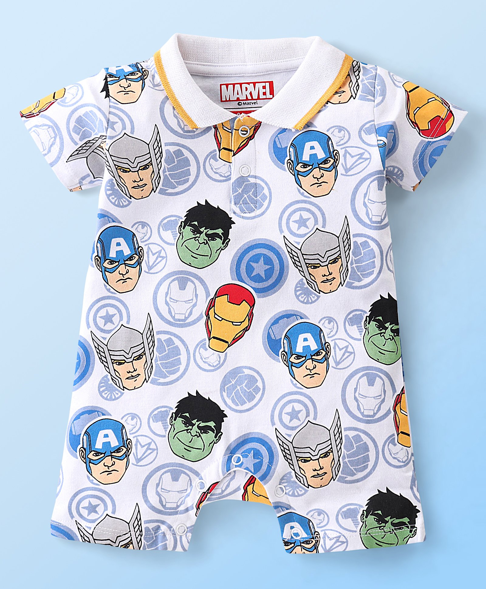 Babyhug Marvel 100% Cotton Knit  Half Sleeves Romper Avengers Print - Blue-image-46