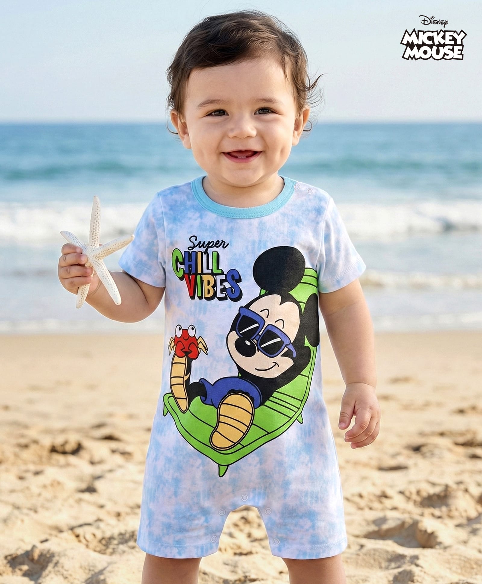 Babyhug Disney Cotton Knit Half Sleeves Romper Tie & Dye With Mickey Mouse Graphics - Blue-image-1