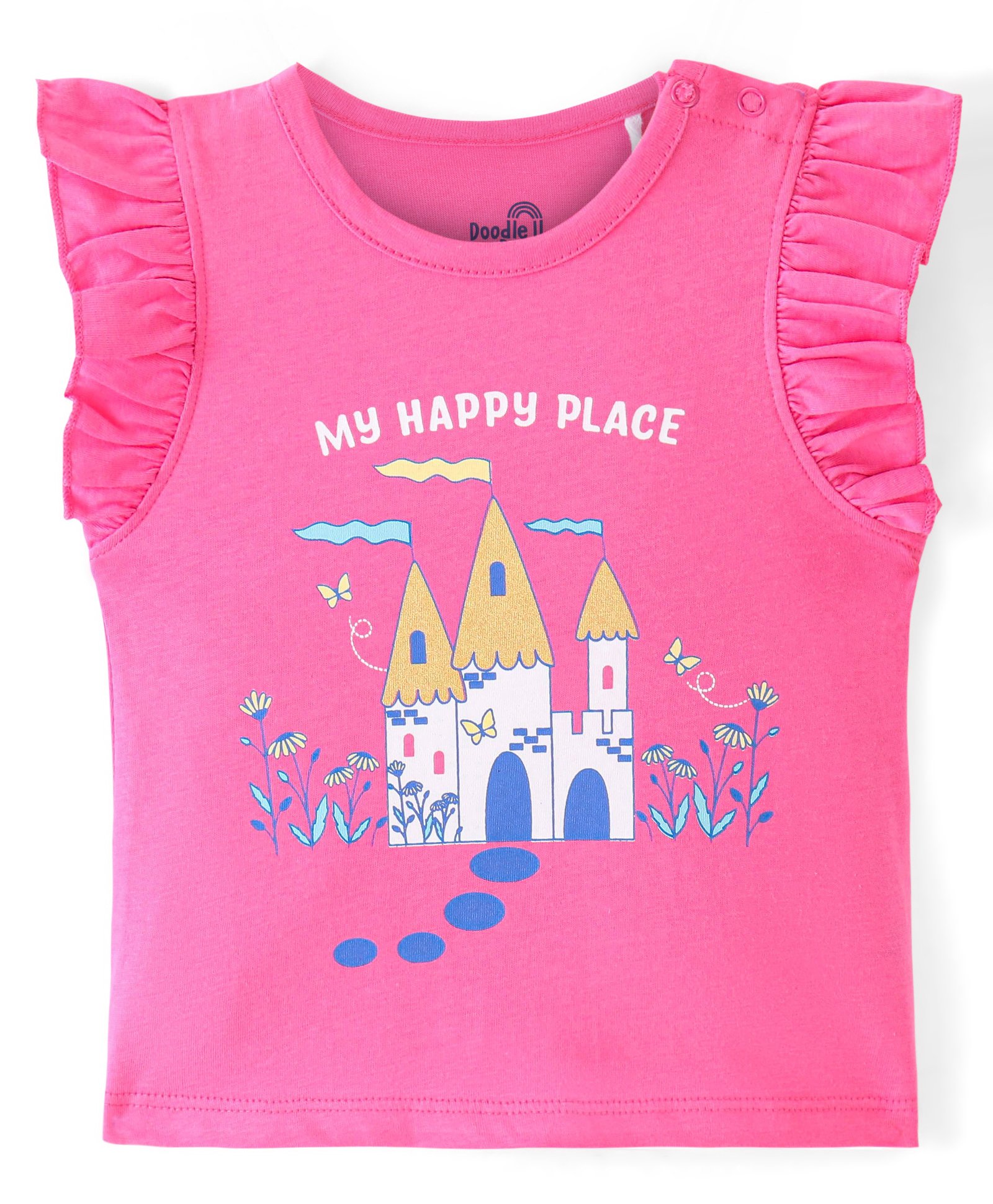 Doodle Poodle 100% Cotton Knit Frill Sleeves Printed Top -Pink-image-21