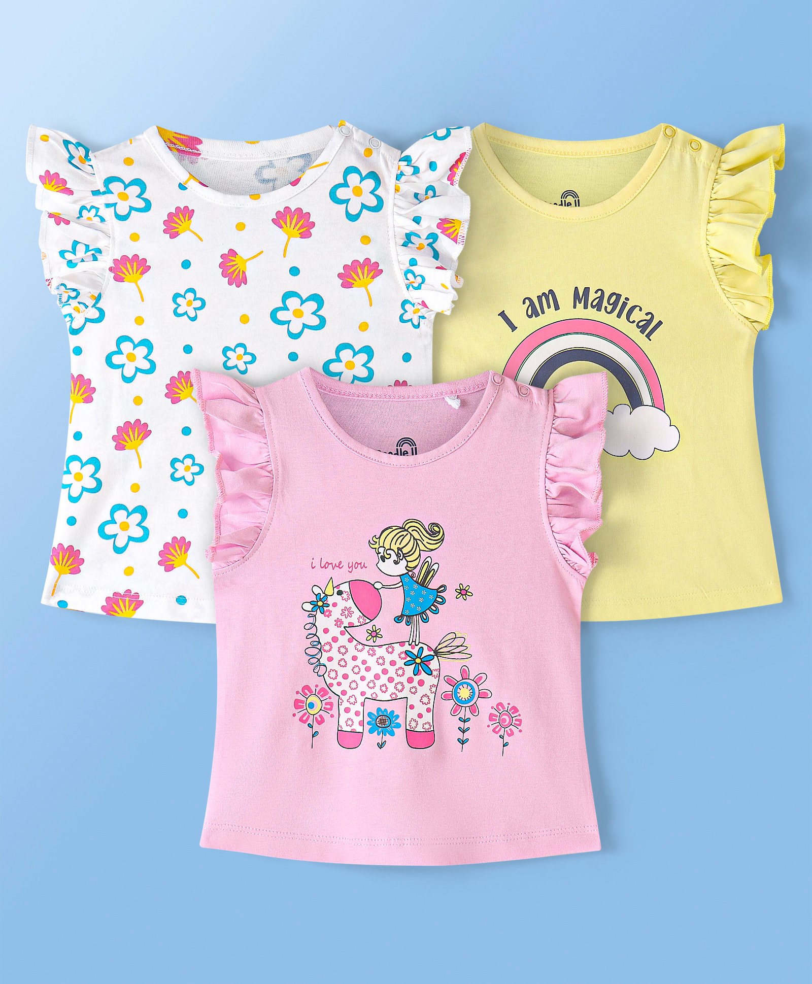 Doodle Poodle 100% Cotton Knit Half SleevesT-Shirts Floral & Unicorn PrintPack of 3-Bright White Yellow Irish & Nosegay Pink-picture-42