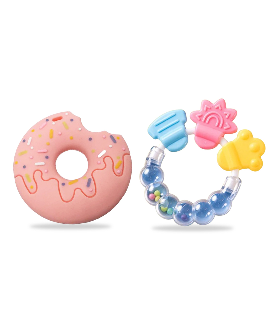 Chinmay Kids Baby Food Shape Silicone Donut Teether & Bell Teether Pink & Blue-image-20