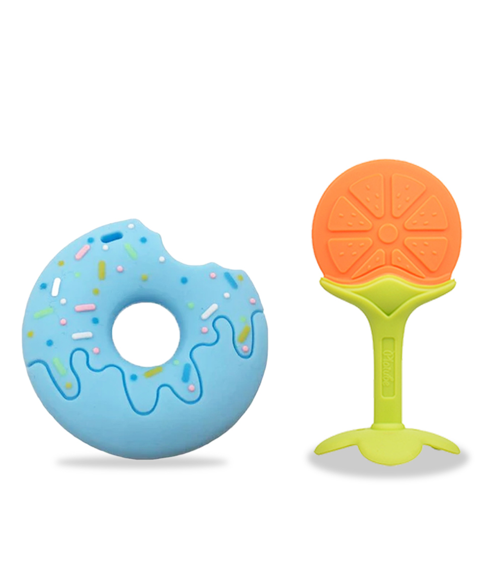 Chinmay Kids Silicone Baby Donut and Stand Teether Shape Baby Teething Toy Cartoon BPA Free Teether (Blue -Orange)-image-27