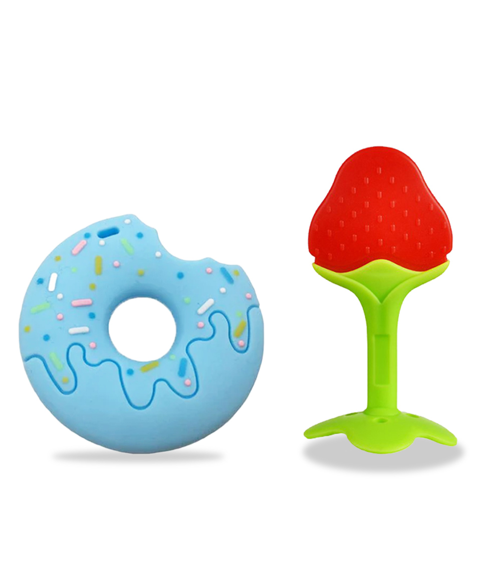 chinmay kids silicone baby donut and stand teether shape baby teething toy cartoon bpa free teether blue -red)
