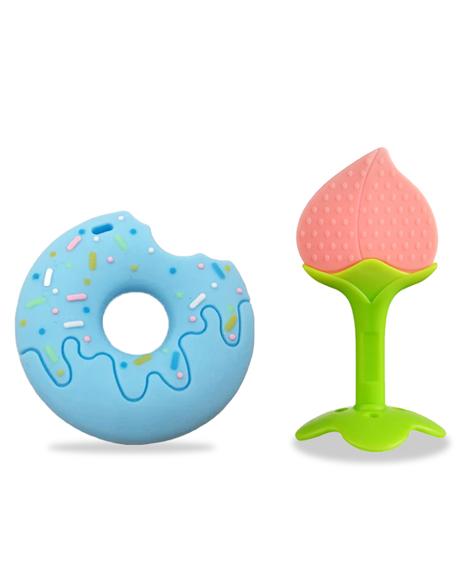 chinmay kids silicone baby donut and stand teether shape baby teething toy cartoon bpa free teether (blue -pink)