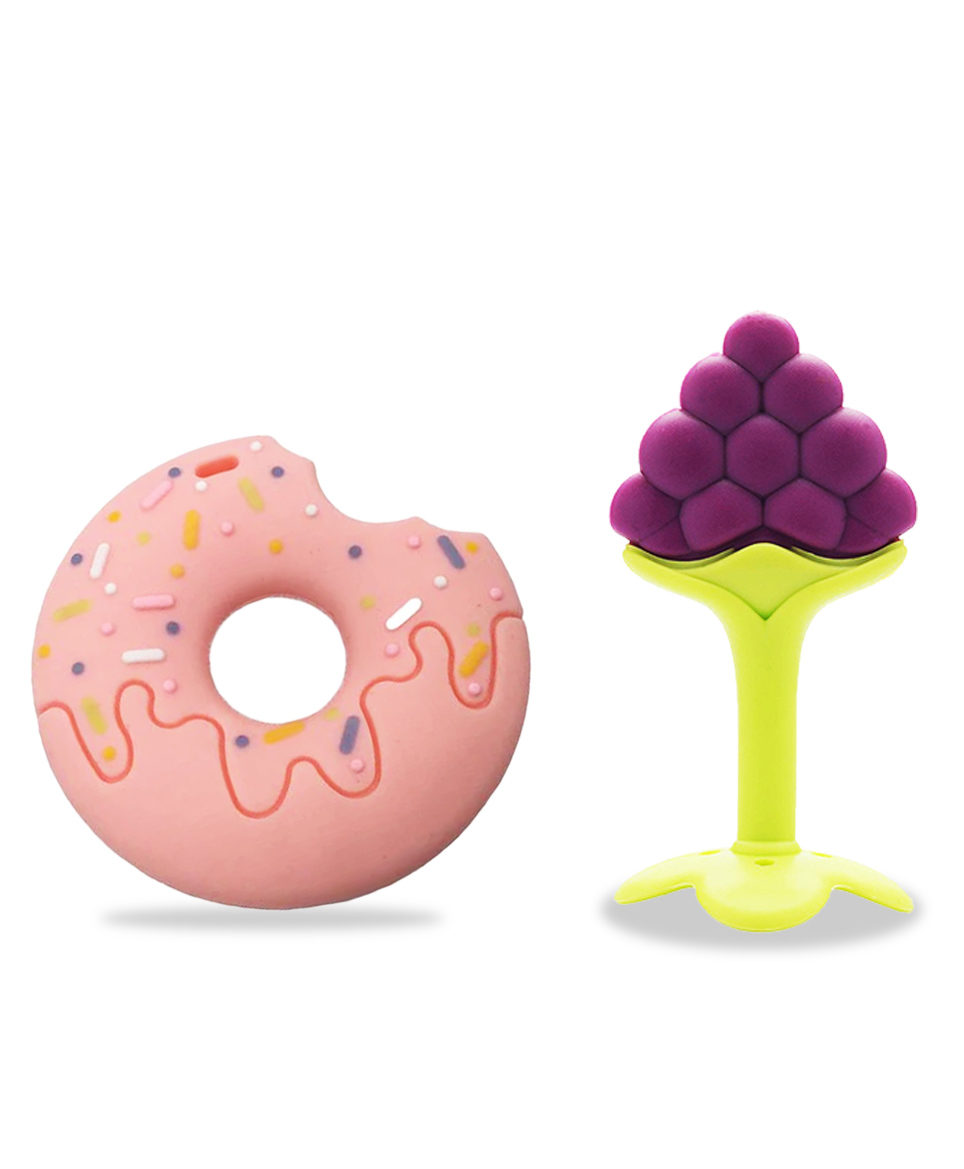 Chinmay Kids Silicone Baby Donut and Stand Teether Shape Baby Teething Toy Cartoon BPA Free Teether  Pink  &  Purple-image-0
